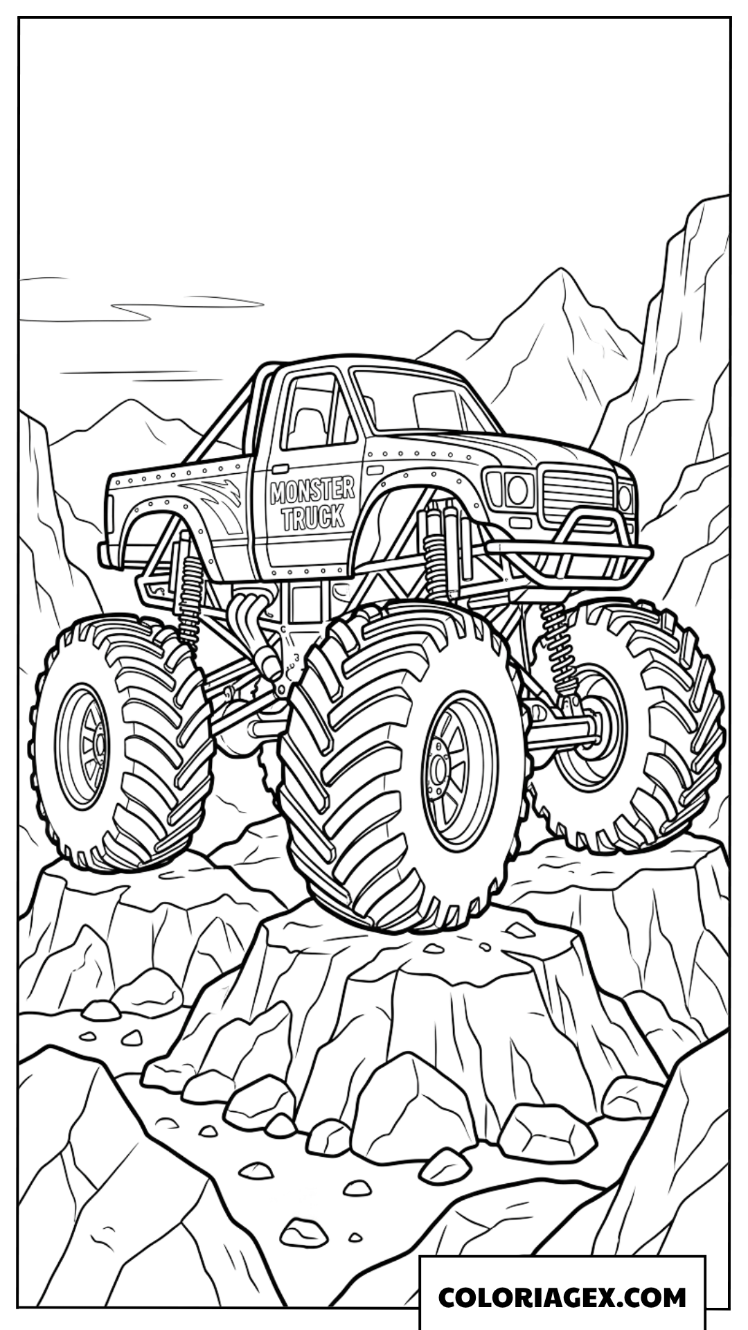Coloriage de monster truck dans un paysage de montagne