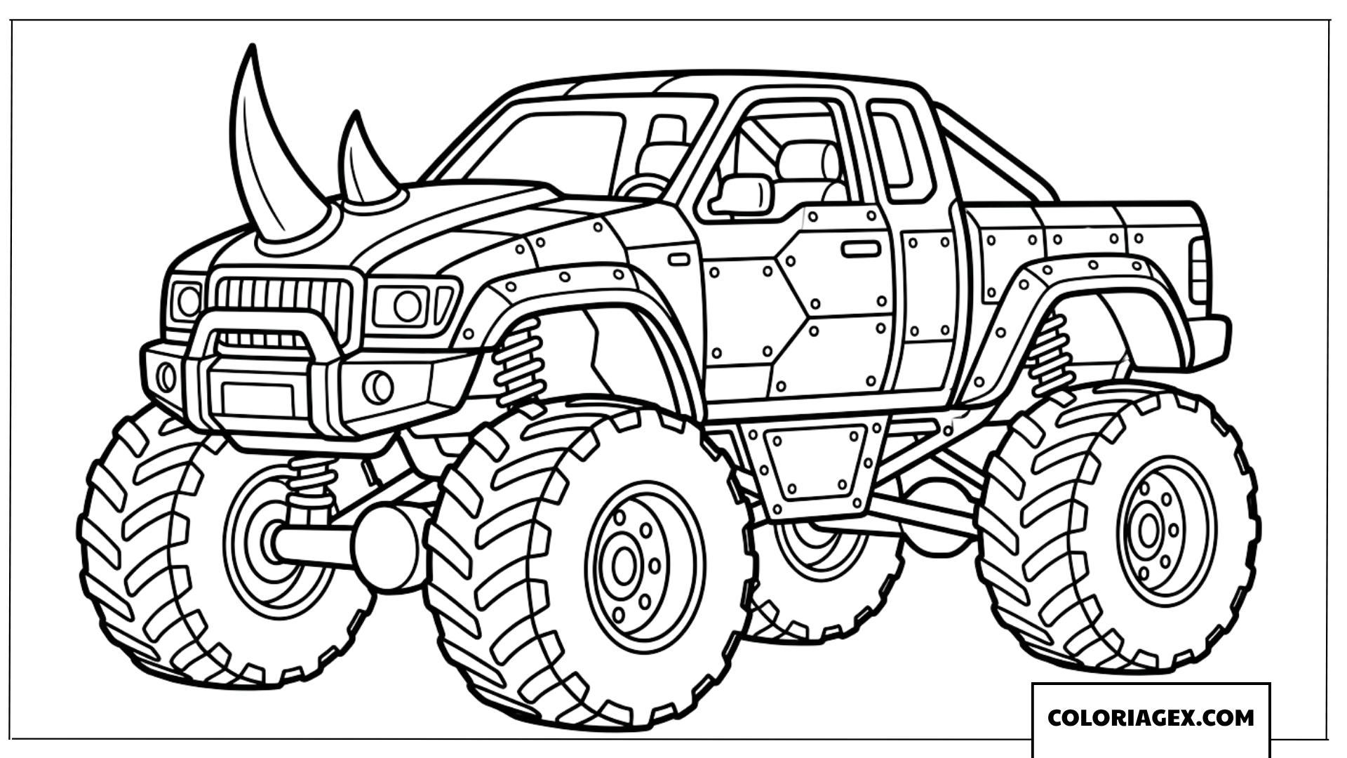 Coloriage de monster truck de dessin animé avec une corne de rhinocéros