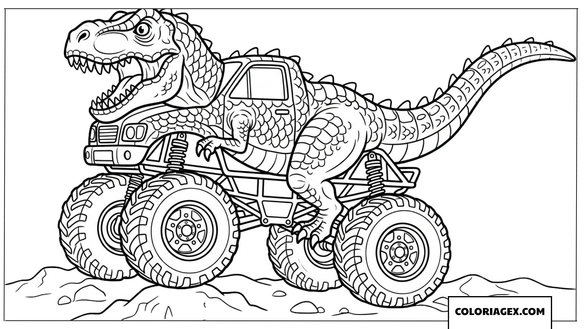 Coloriage de monster truck de dessin animé en dinosaure T-Rex incroyable