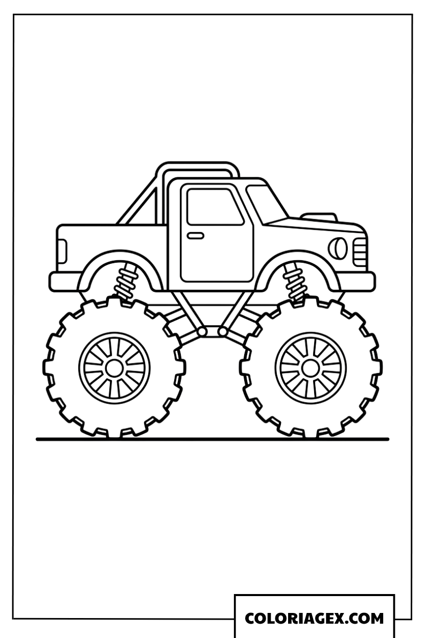 Coloriage de monster truck de dessin animé en vue latérale simple pour enfants
