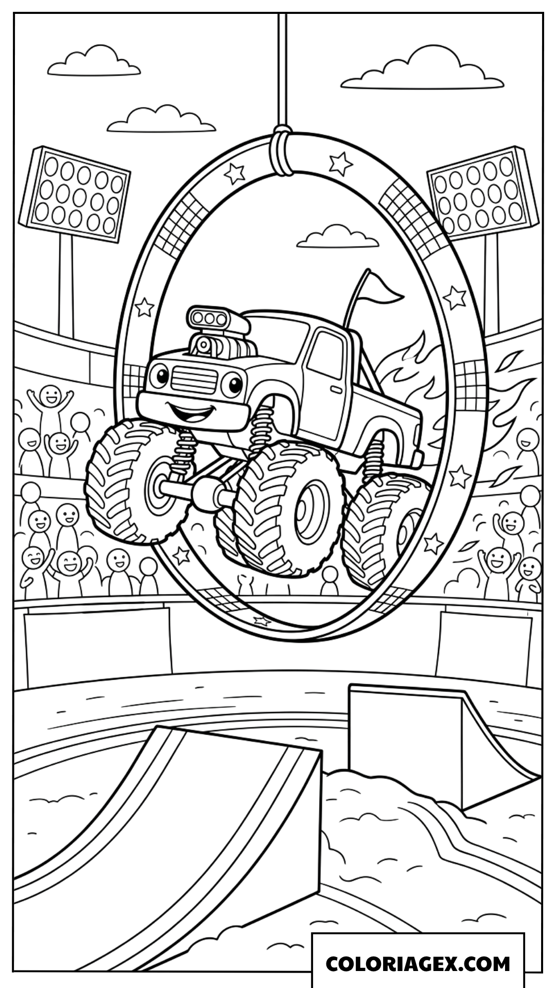 Coloriage de monster truck de dessin animé sautant à travers un grand anneau
