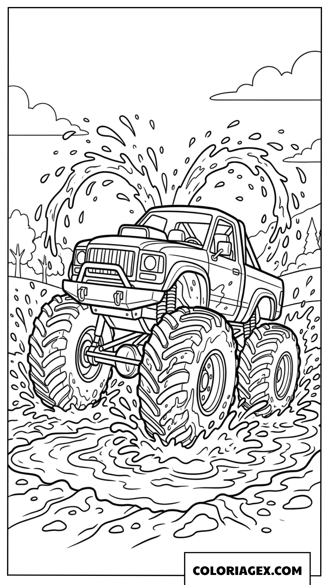 Coloriage de monster truck de dessin animé traversant une flaque de boue