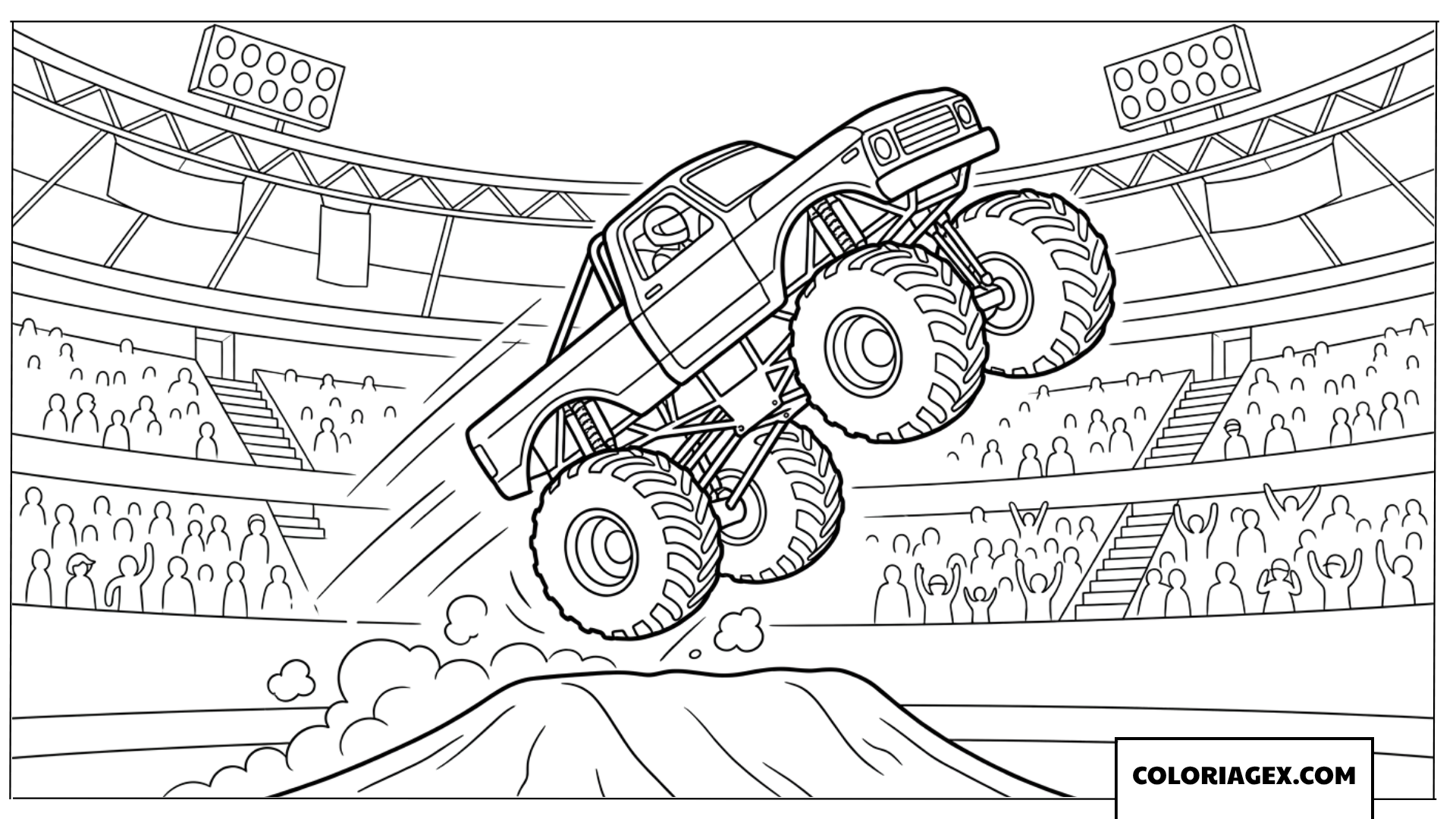 Coloriage de monster truck en plein vol dans le stade