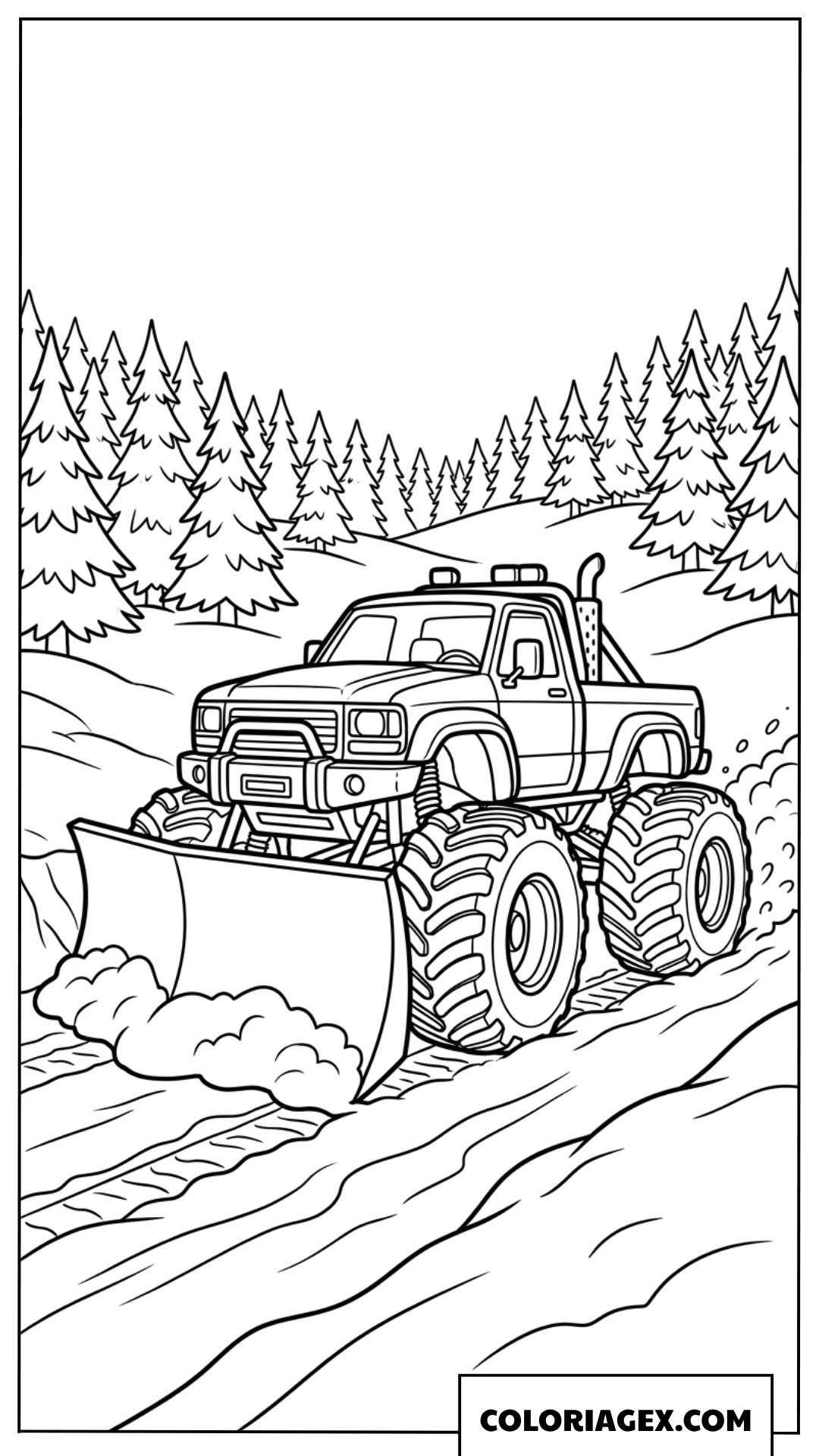Coloriage de monster truck équipé d'une lame chasse neige dans la forêt