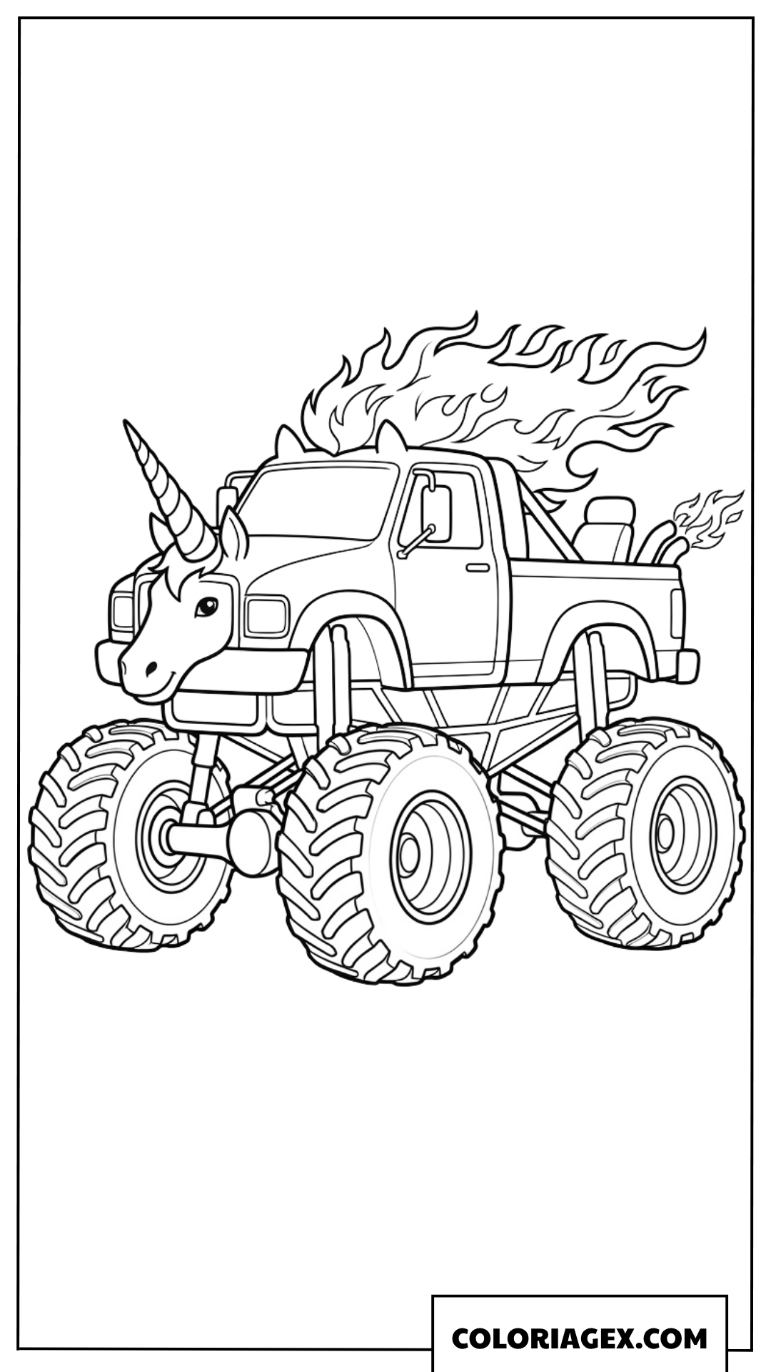 Coloriage de monster truck licorne de feu facile
