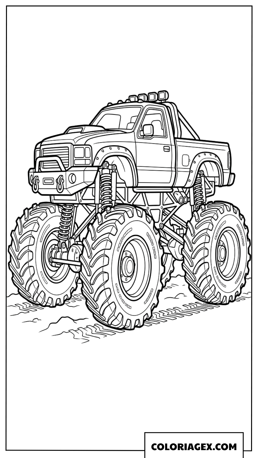 Coloriage de monster truck puissant aux roues gigantesques