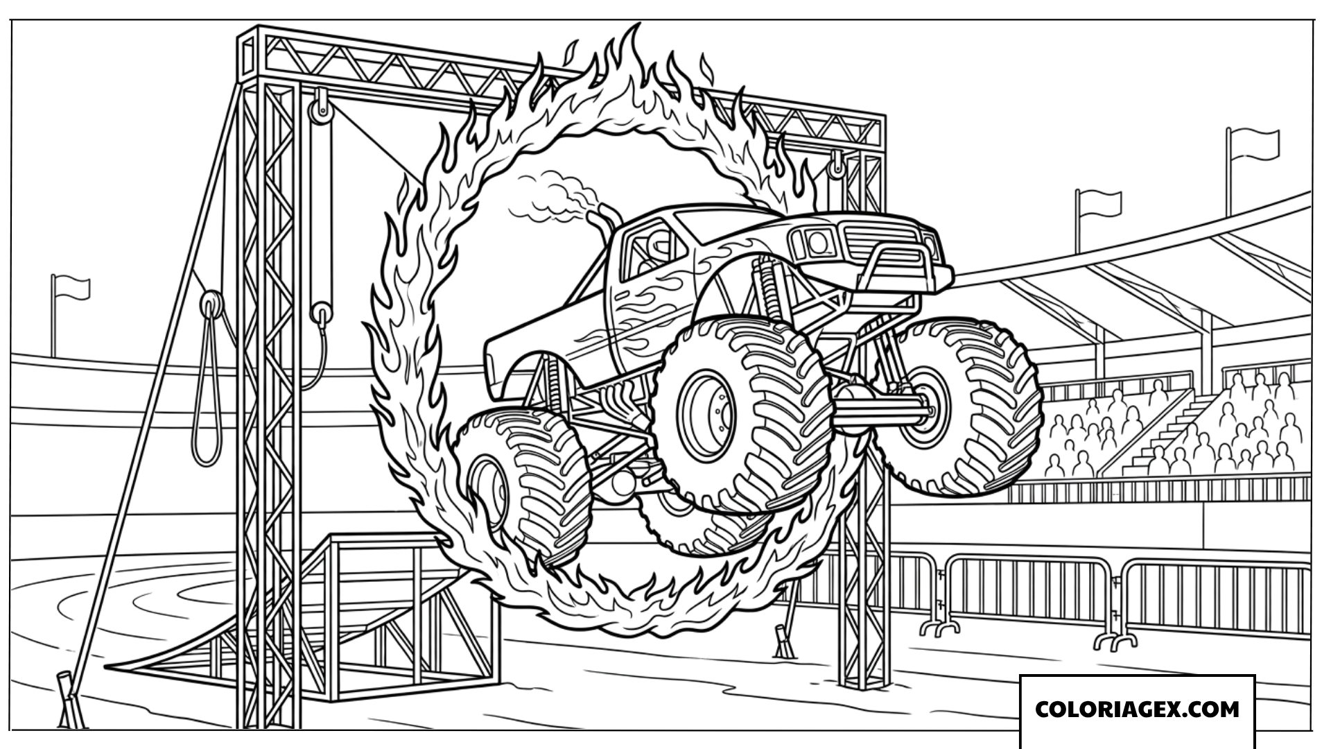 Coloriage de monster truck sautant a travers un cerceau de feu