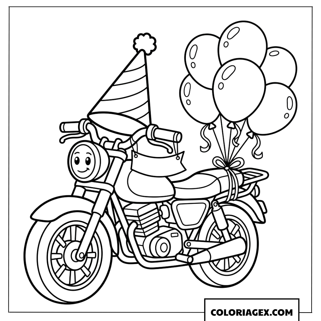 Coloriage de moto portant un chapeau d anniversaire et des ballons