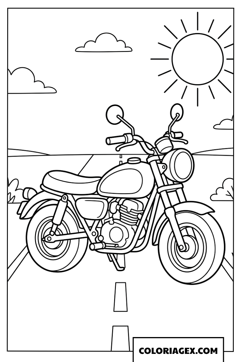 Coloriage de moto roulant sur la route sous le soleil