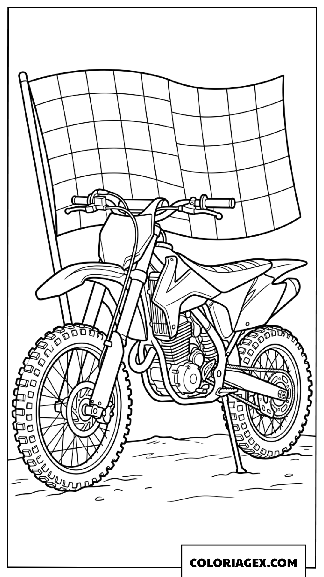Coloriage de moto tout terrain garee a cote du drapeau a damiers