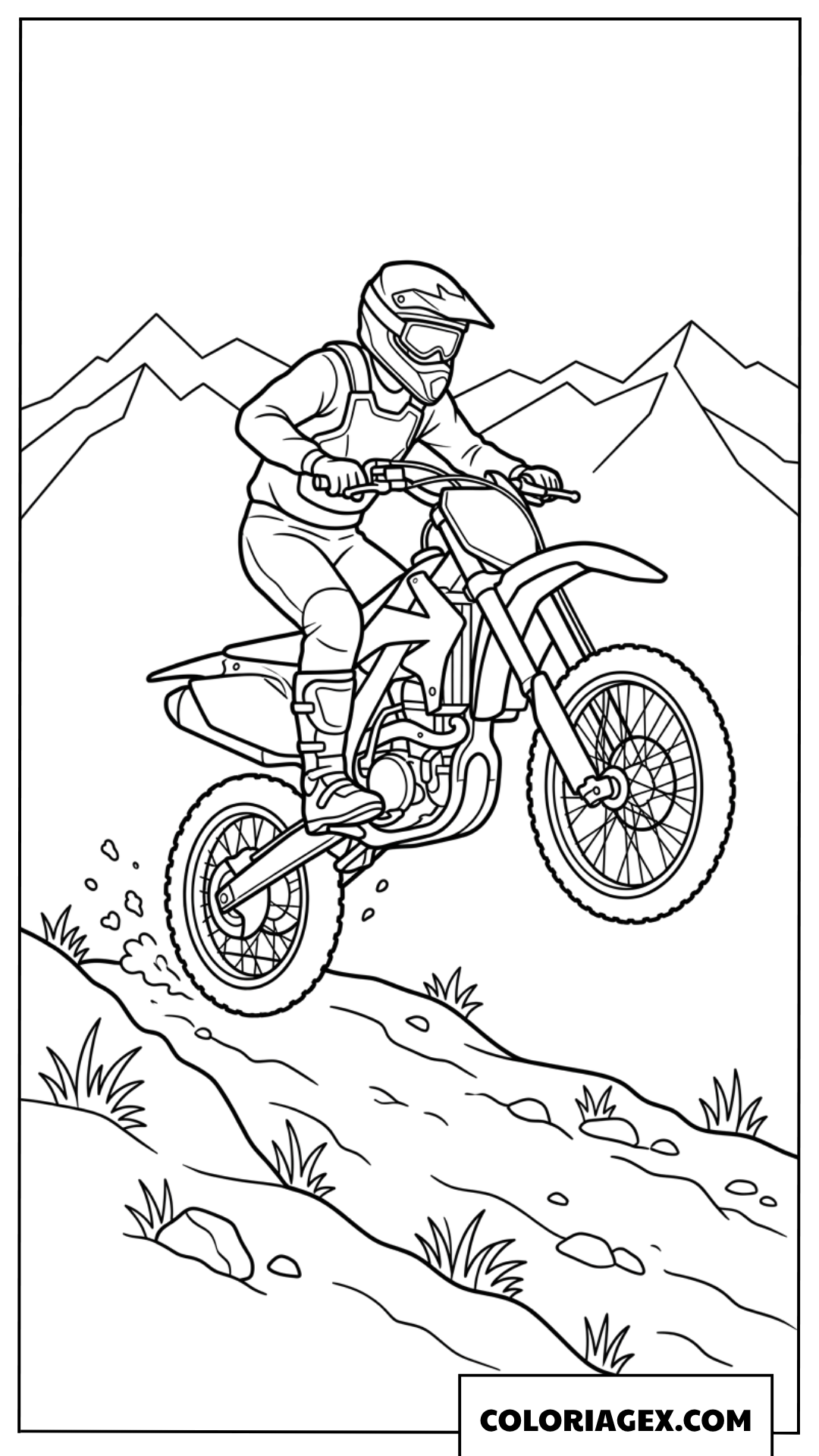 Coloriage de moto tout terrain grimpant sur une colline de montagne