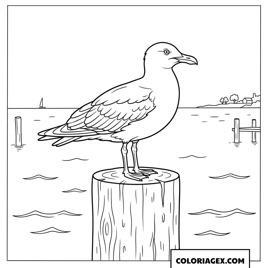 Coloriage de mouette tranquille perchee sur un poteau en bois