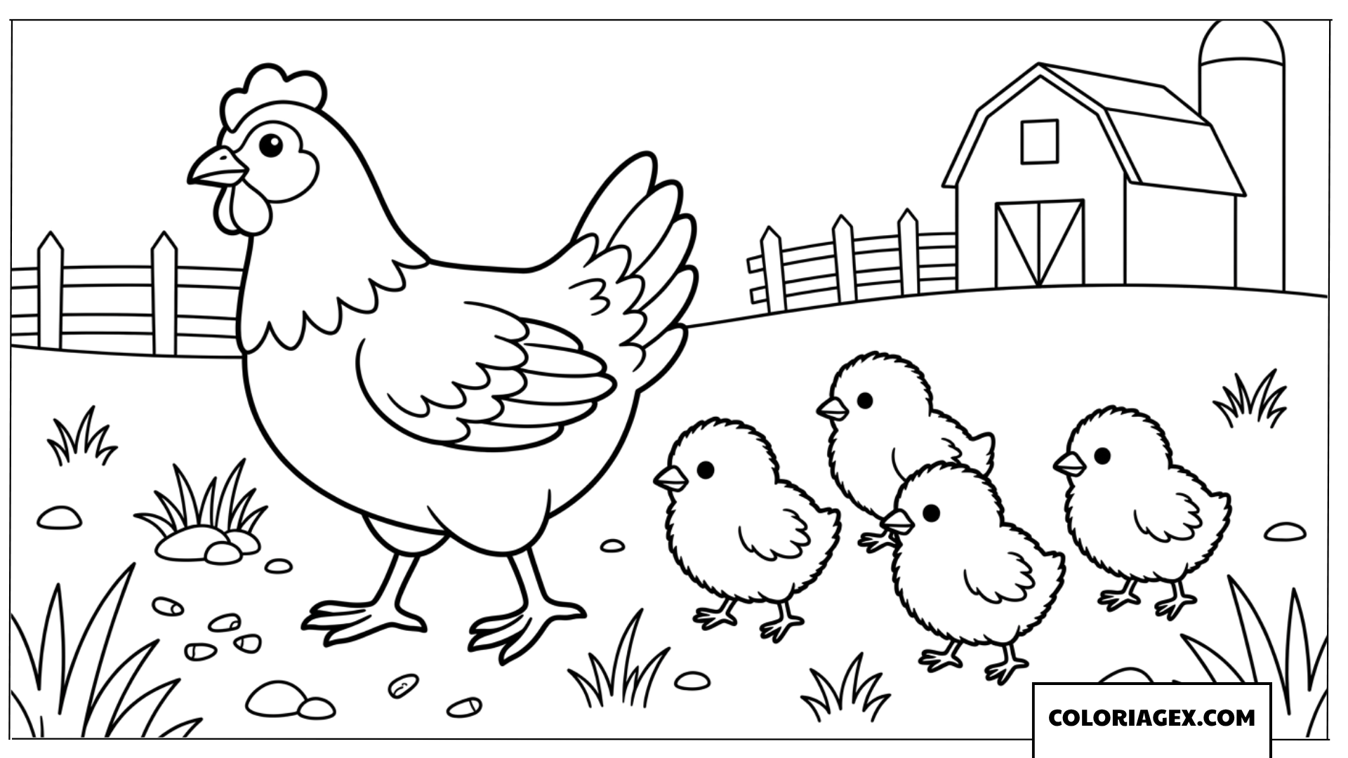 Coloriage de moule poule et ses poussins a la ferme
