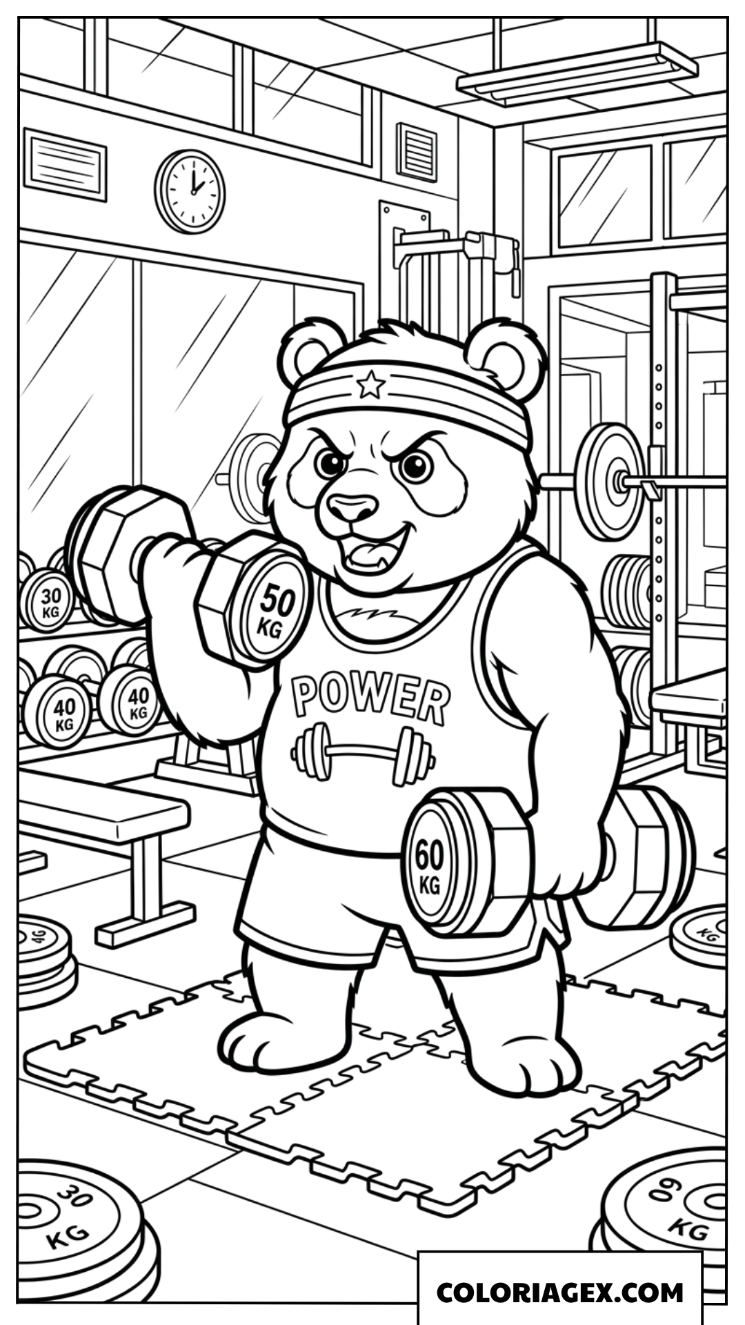 Coloriage de panda fort soulevant des halteres au gym
