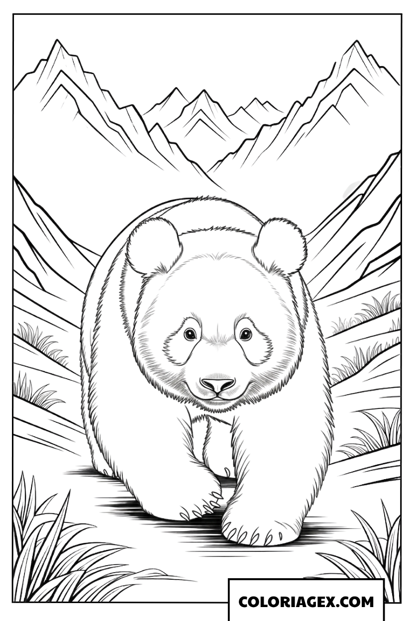 Coloriage de panda geant marchant au milieu des montagnes rocheuses