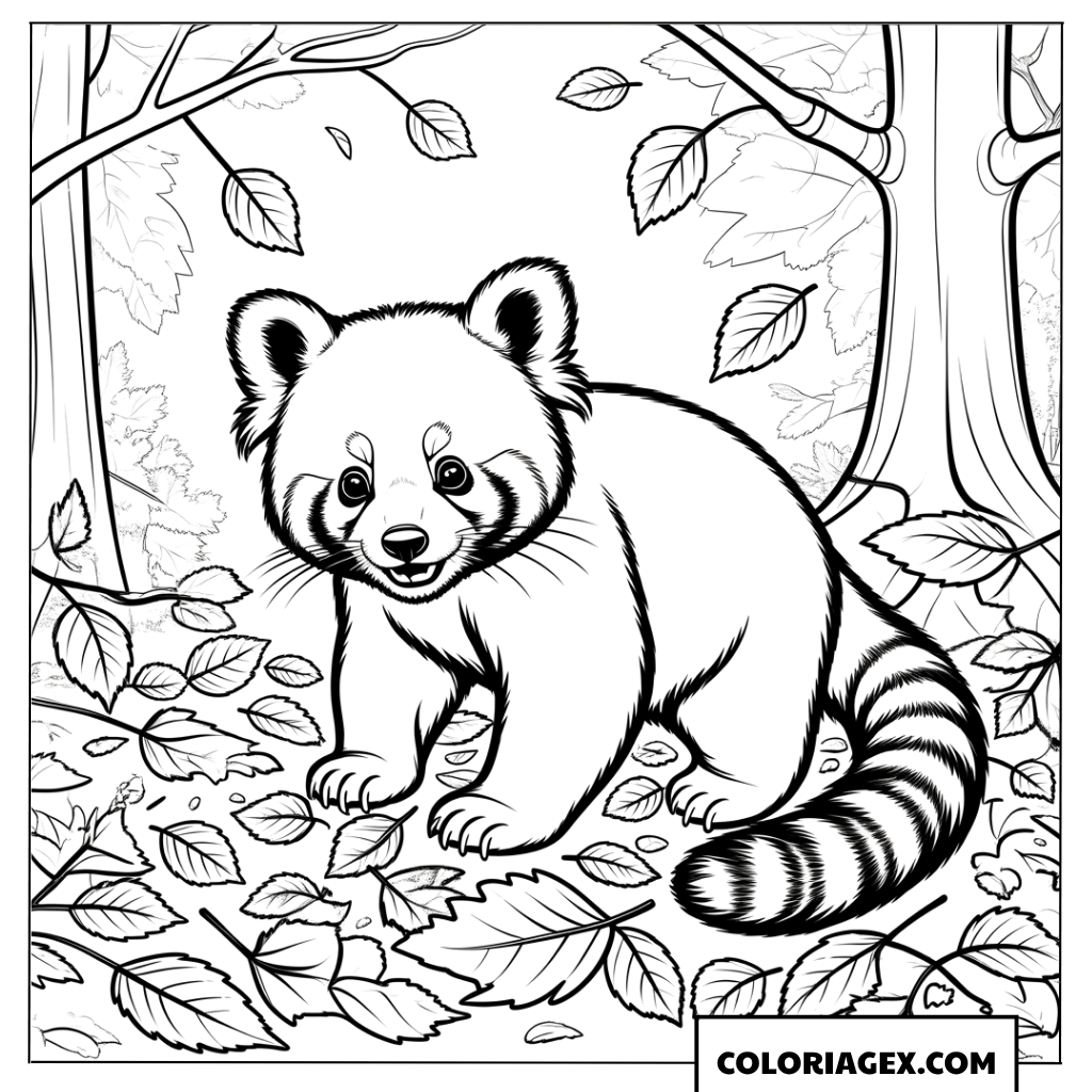Coloriage de panda roux amical jouant au milieu des feuilles automne