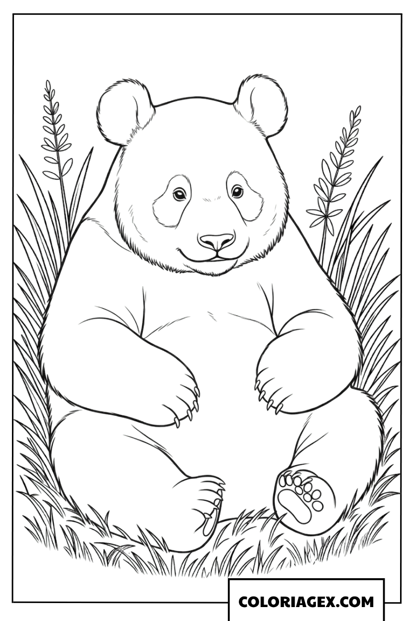 Coloriage de panda sauvage assis au milieu des hautes herbes