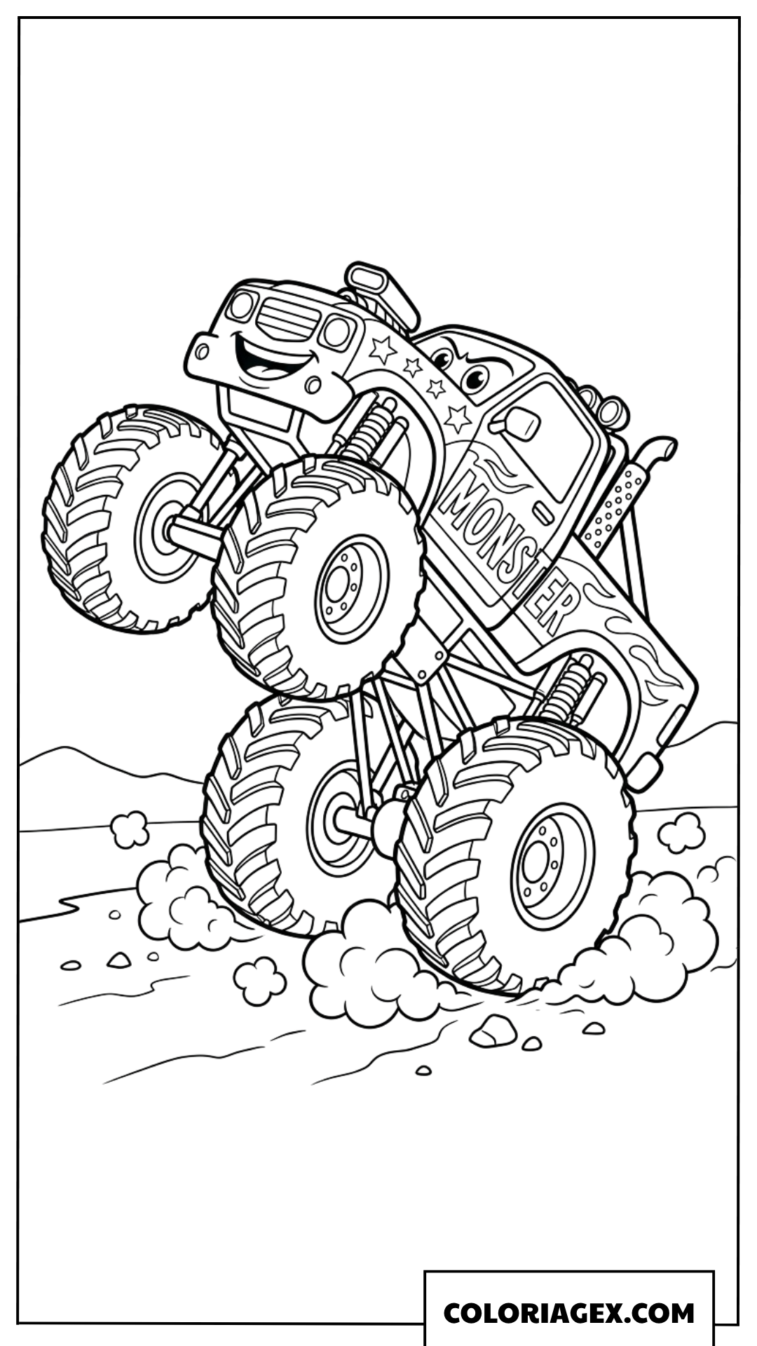 Coloriage de personnage de monster truck en plein wheeling avec de la poussière