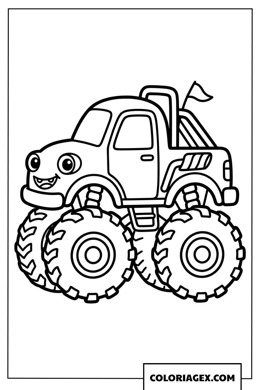 Coloriage de personnage de monster truck mignon avec de grands yeux amusants