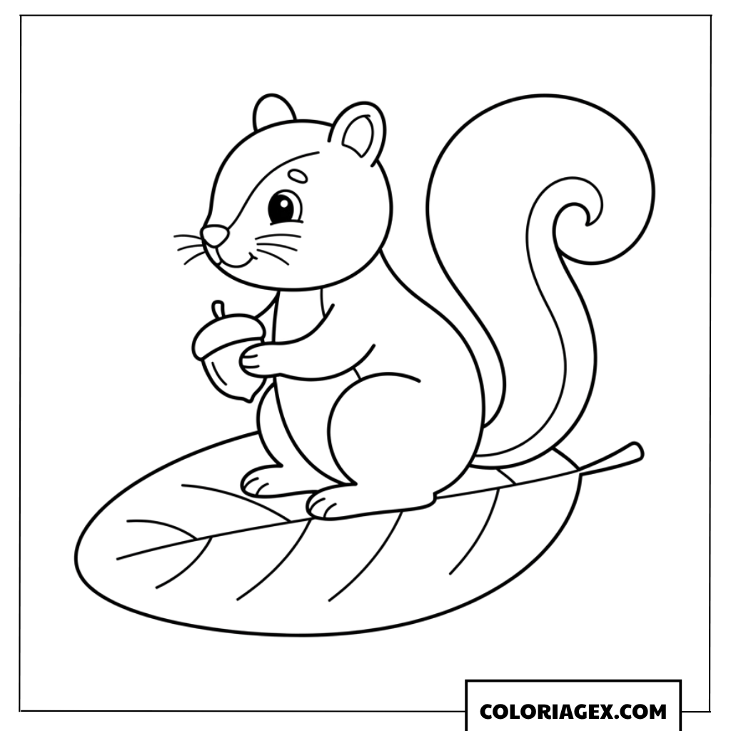 Coloriage de petit ecureuil assis sur une feuille