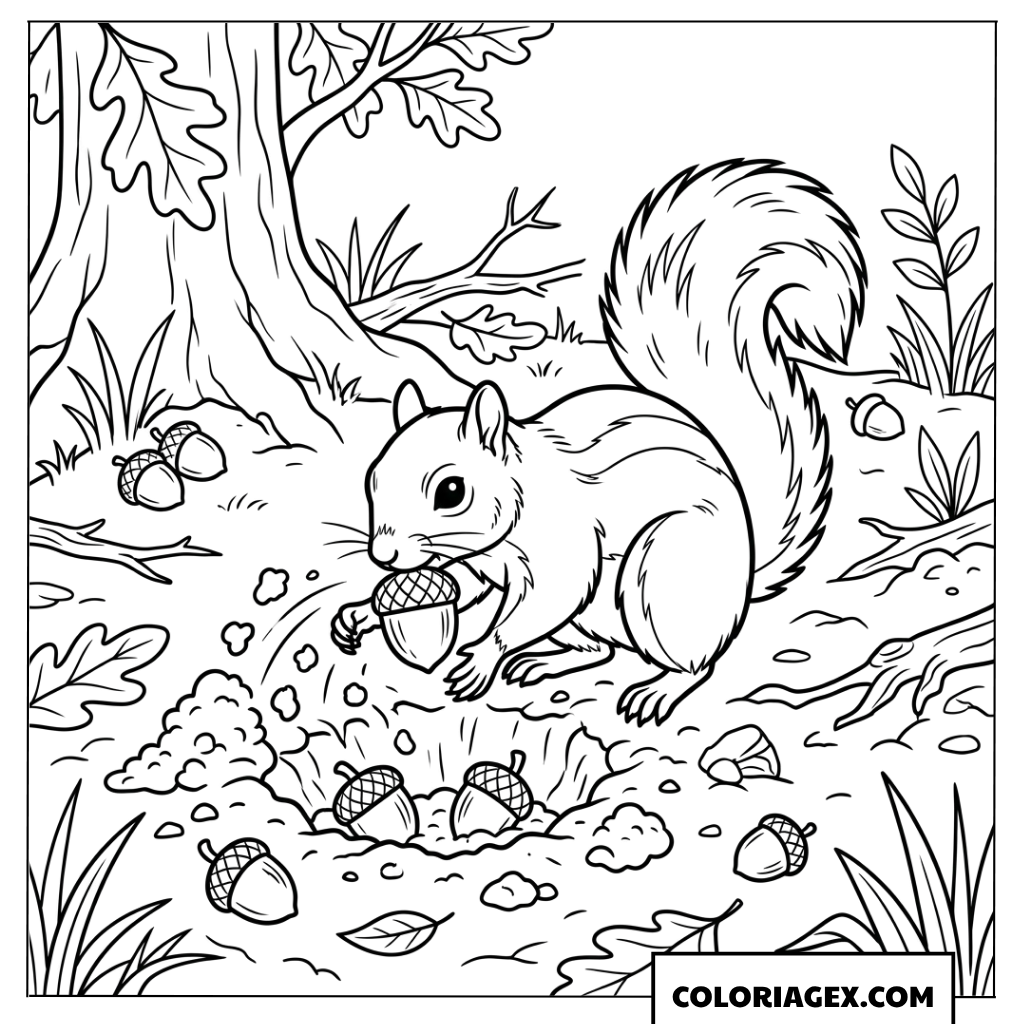 Coloriage de petit ecureuil cachant un gland dans le sol