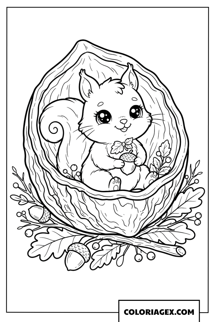 Coloriage de petit ecureuil mignon dans une coquille