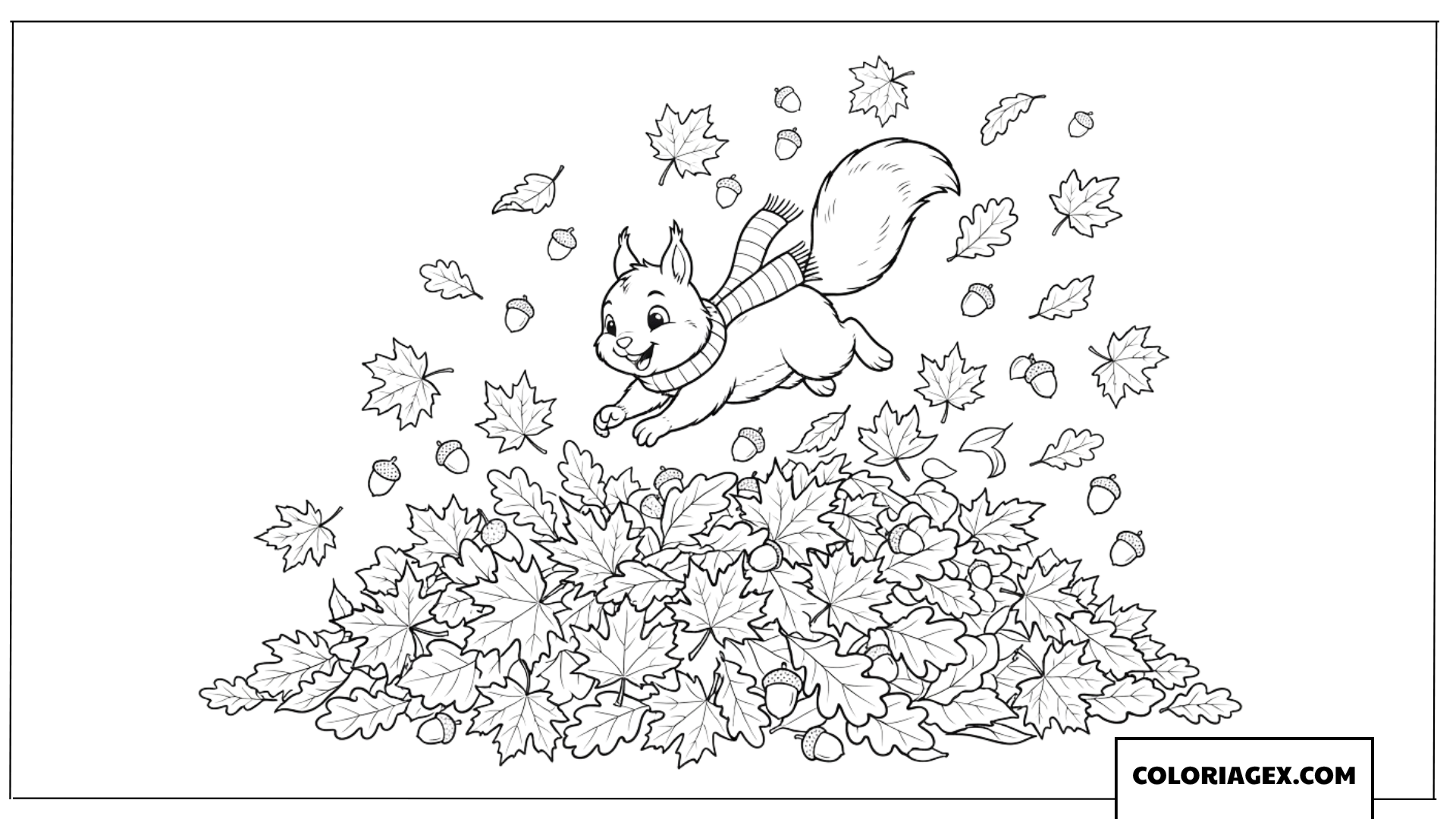 Coloriage de petit ecureuil sautant dans les feuilles