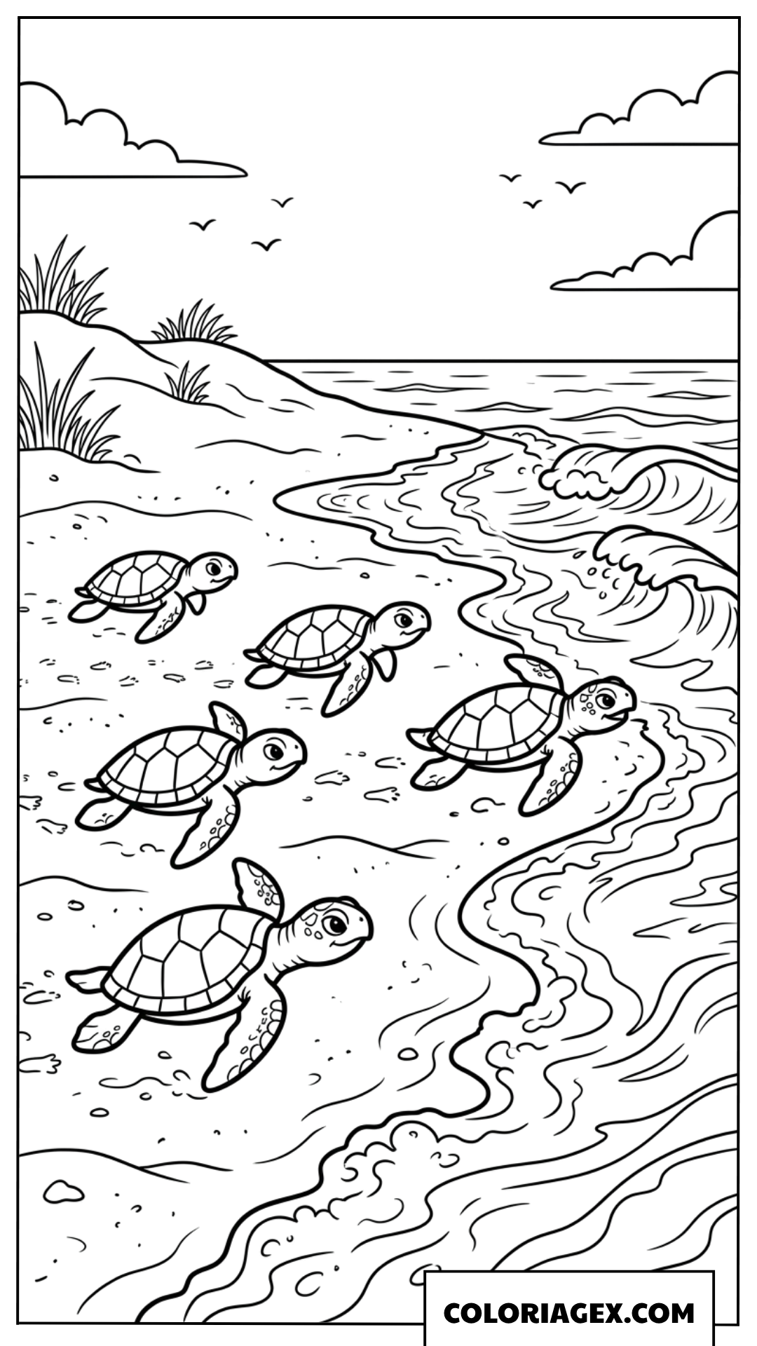 Coloriage de petites tortues se ruinant ensemble vers l ocean