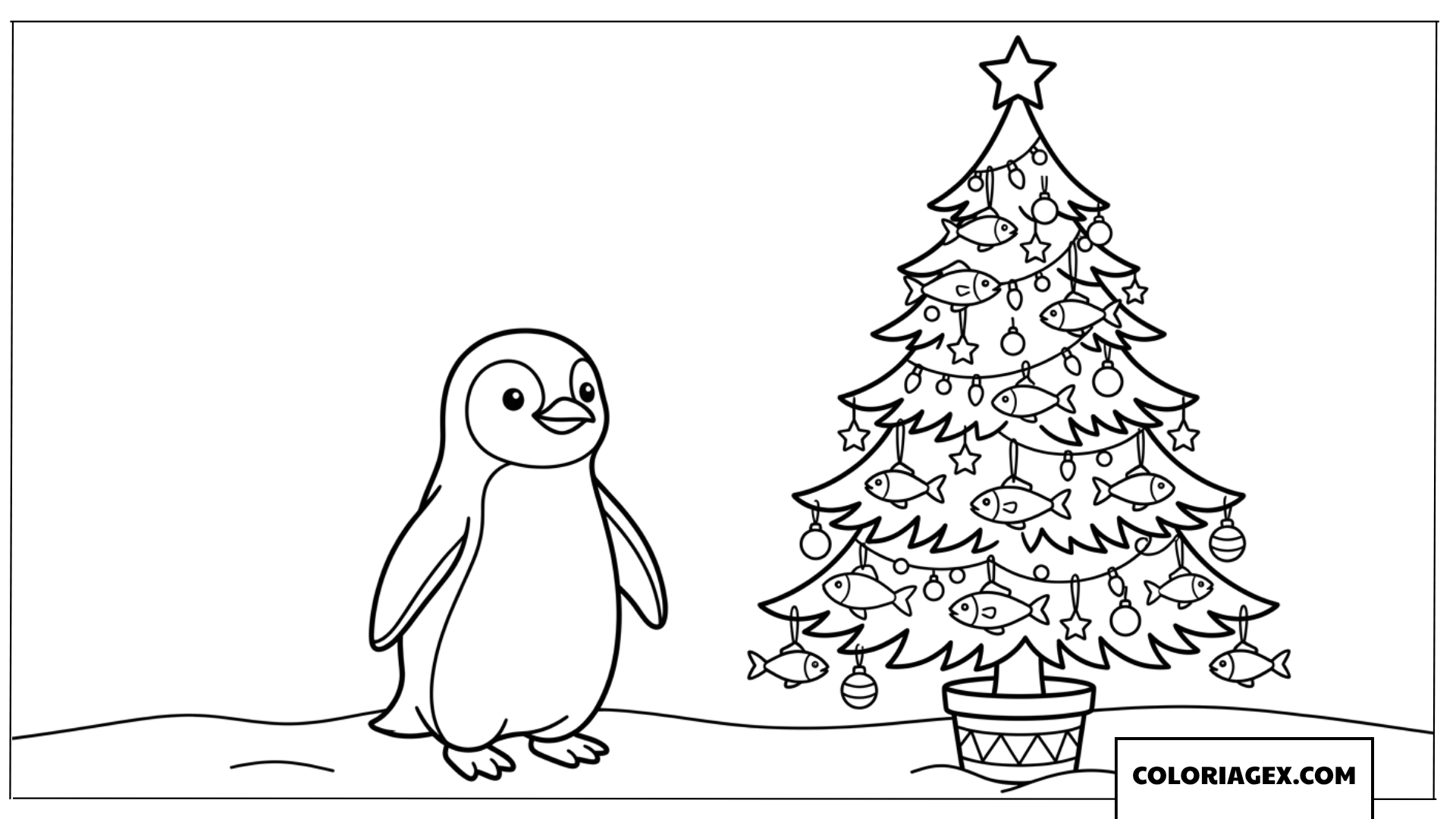 Coloriage de pingouin admire son sapin de Noel original