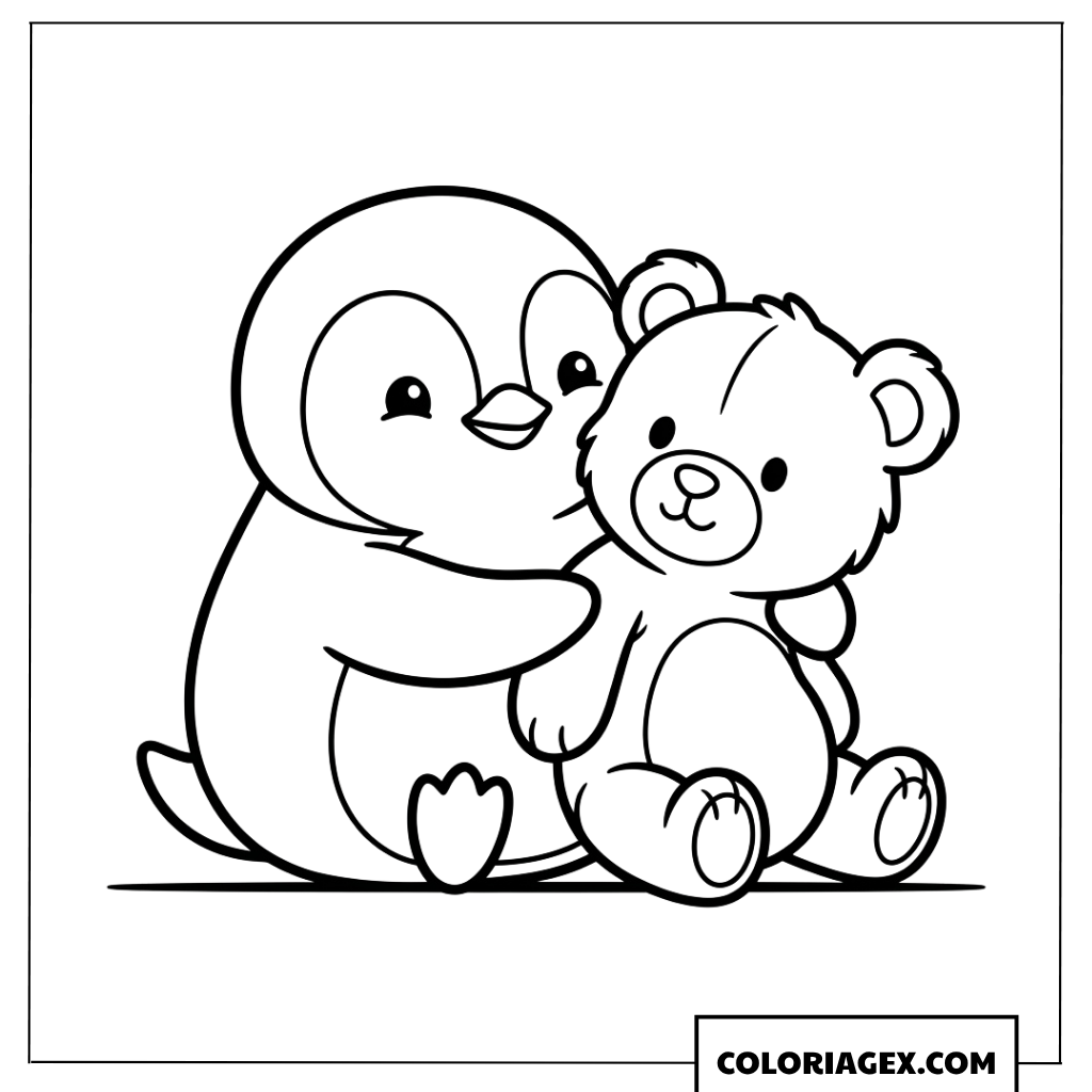 Coloriage de pingouin mignon qui embrasse son ours en peluche
