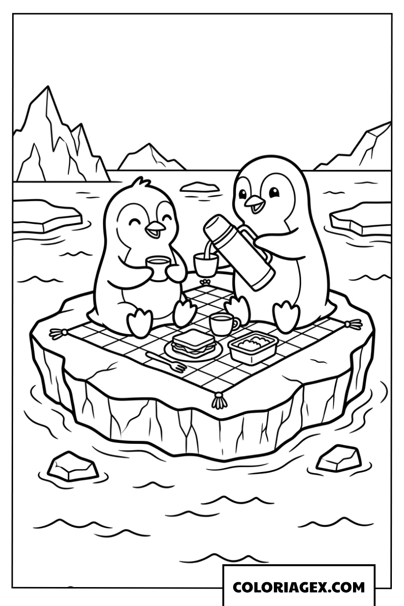 Coloriage de pingouins faisant un pique-nique sur un iceberg.