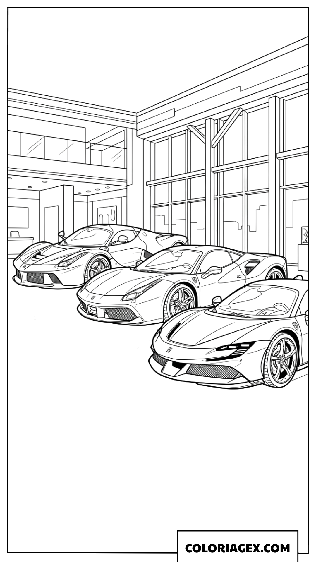 Coloriage de supercars Ferrari dans un showroom luxueux