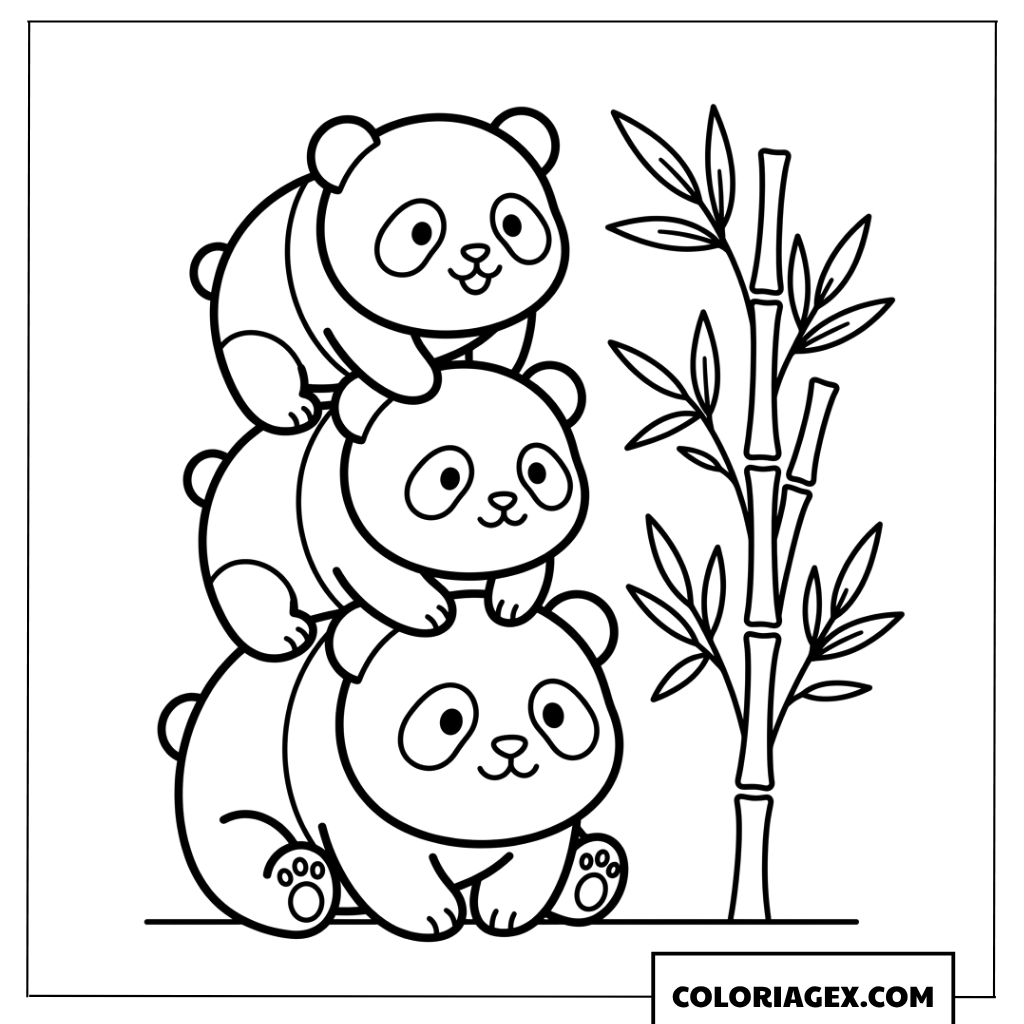 Coloriage de trois mignons pandas empiles a cote dun bambou