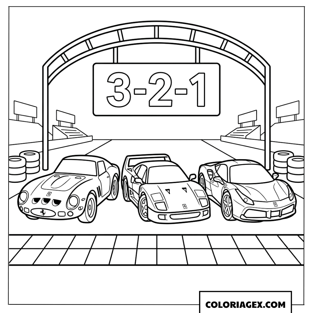 Coloriage de trois voitures Ferrari au depart dune course