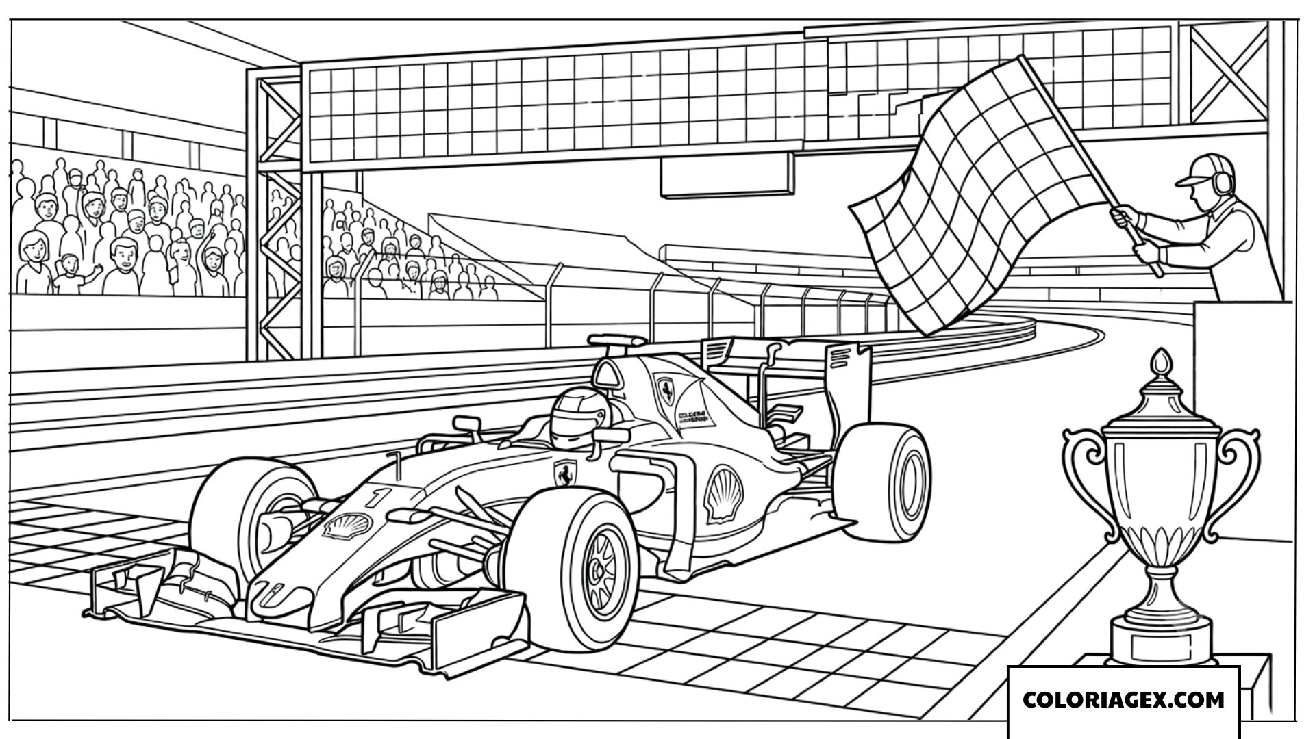Coloriage de voiture Ferrari F1 victorieuse au drapeau