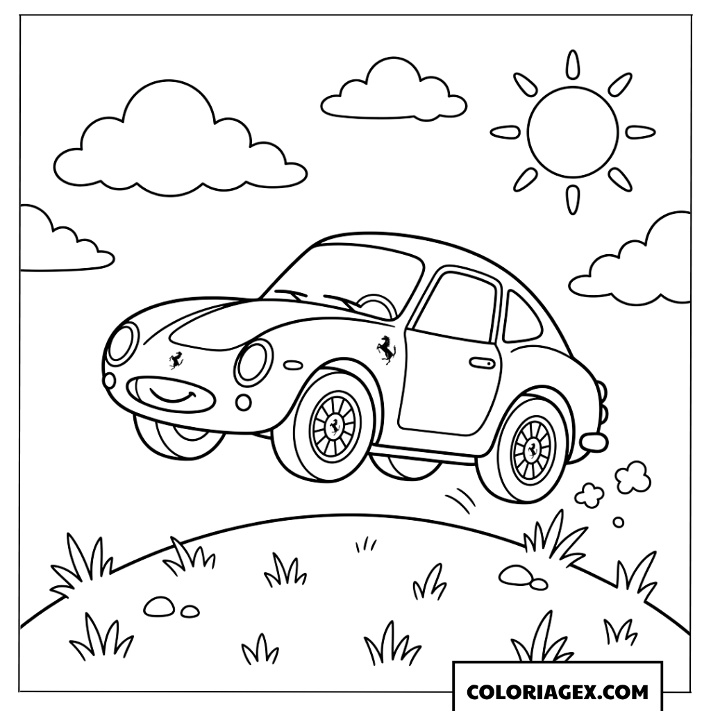 Coloriage de voiture Ferrari sautant sur une colline