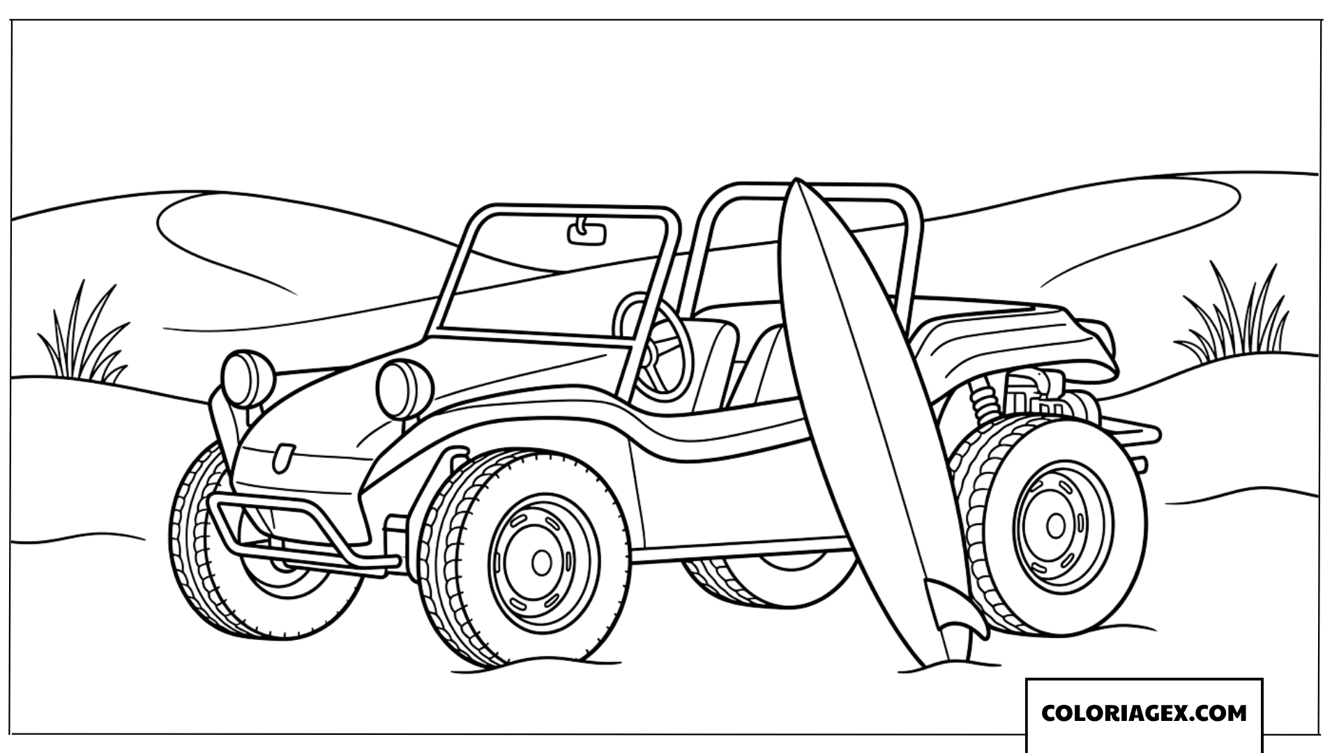 Coloriage de voiture tout terrain avec une planche de surf