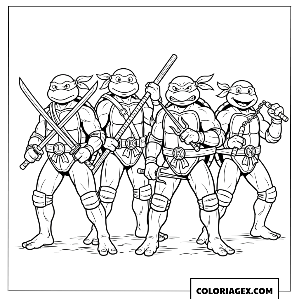 Coloriage des quatre tortues ninja rassemblees avec leurs armes heroiues