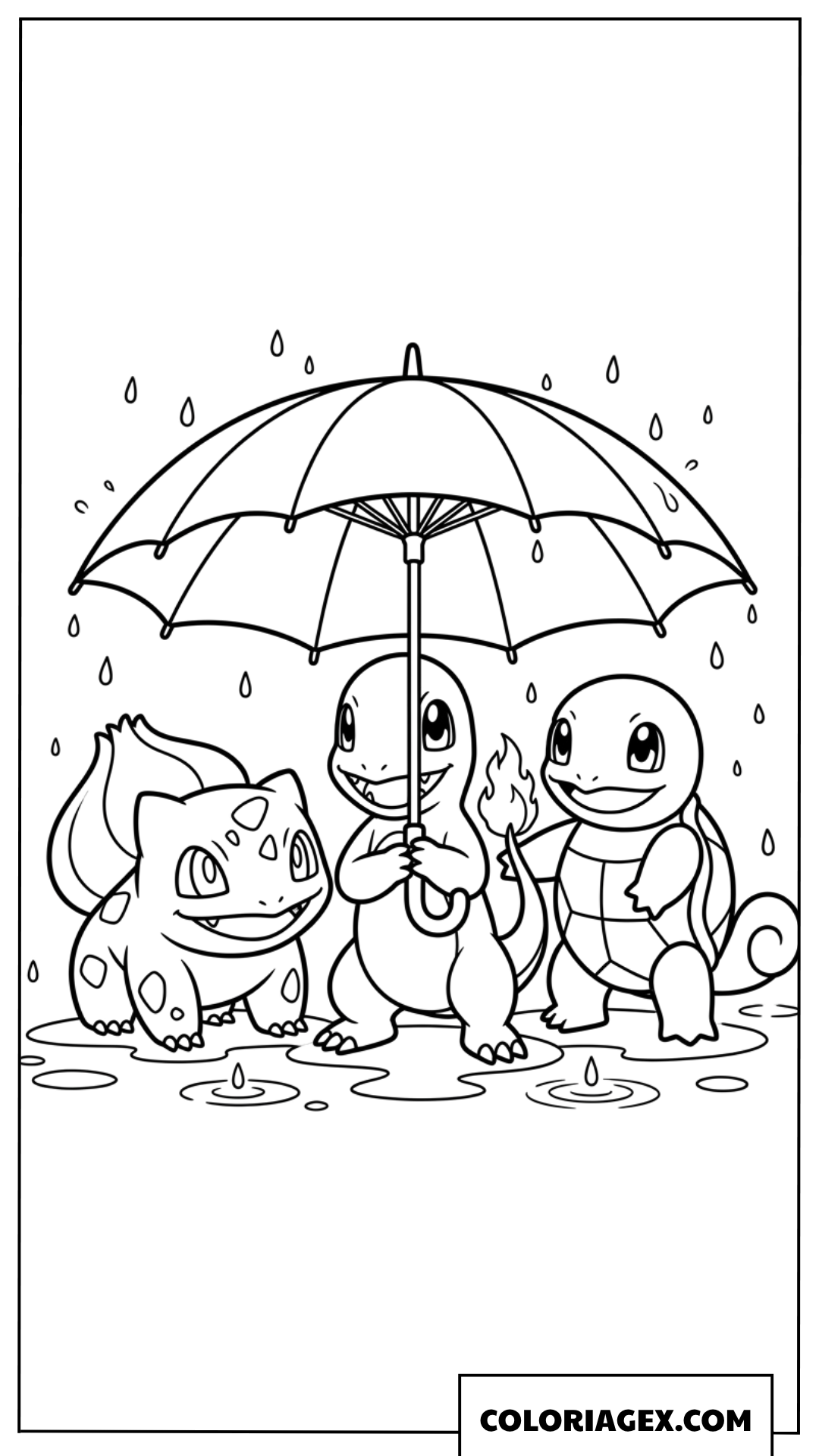 Coloriage des trois Pokemon abrités sous un parapluie