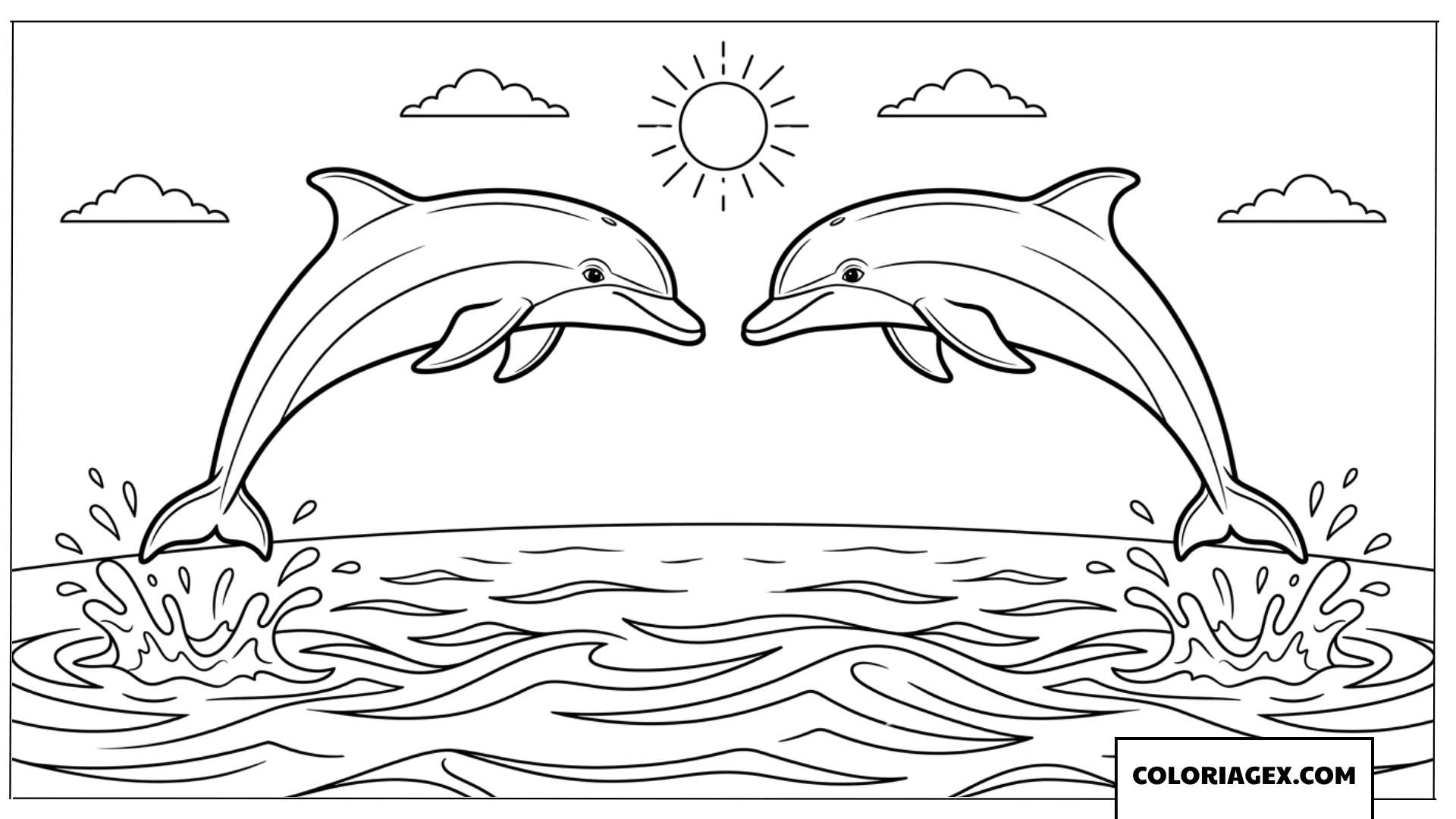 Coloriage deux dauphins sautant symetriquement sous le soleil