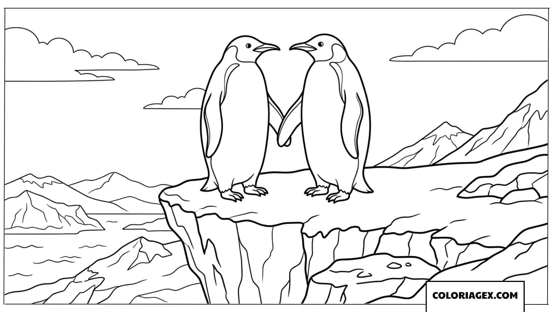 Coloriage deux manchots se tenant par l'aile sur une falaise