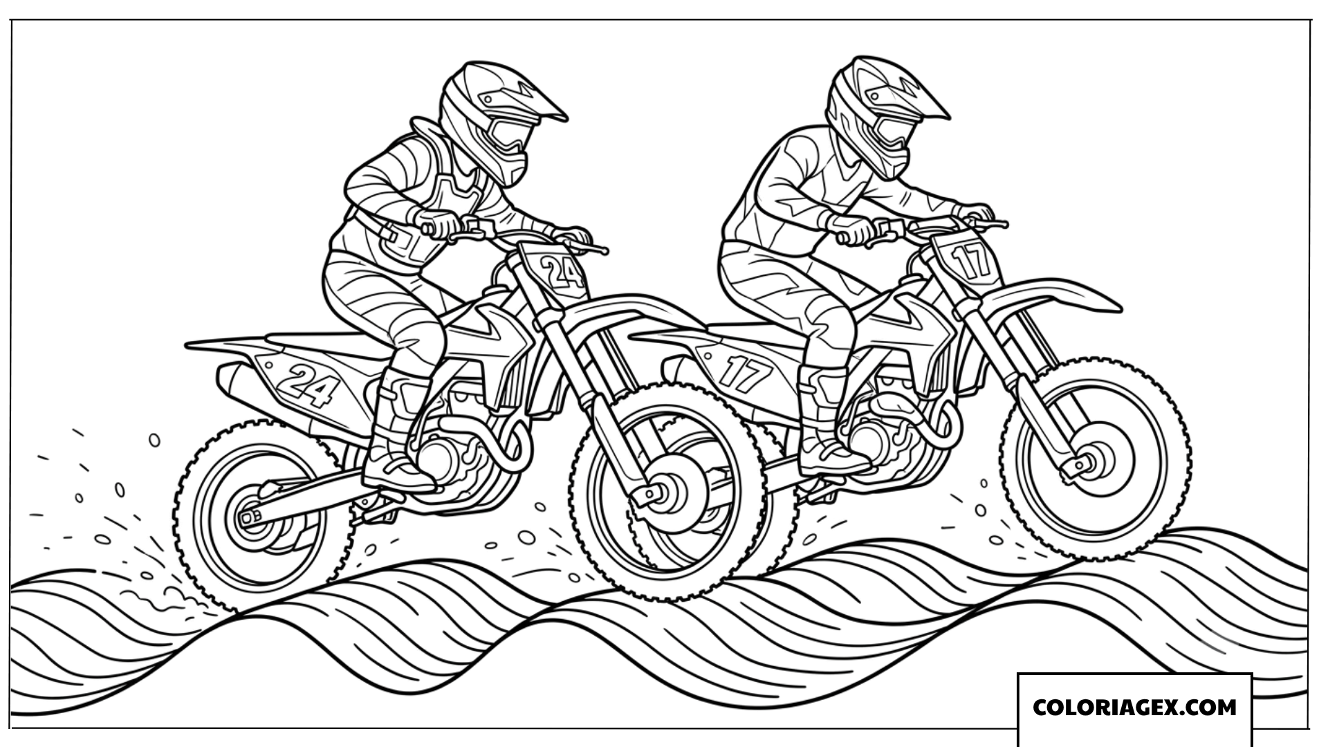 Coloriage deux pilotes de motocross en competition sur piste