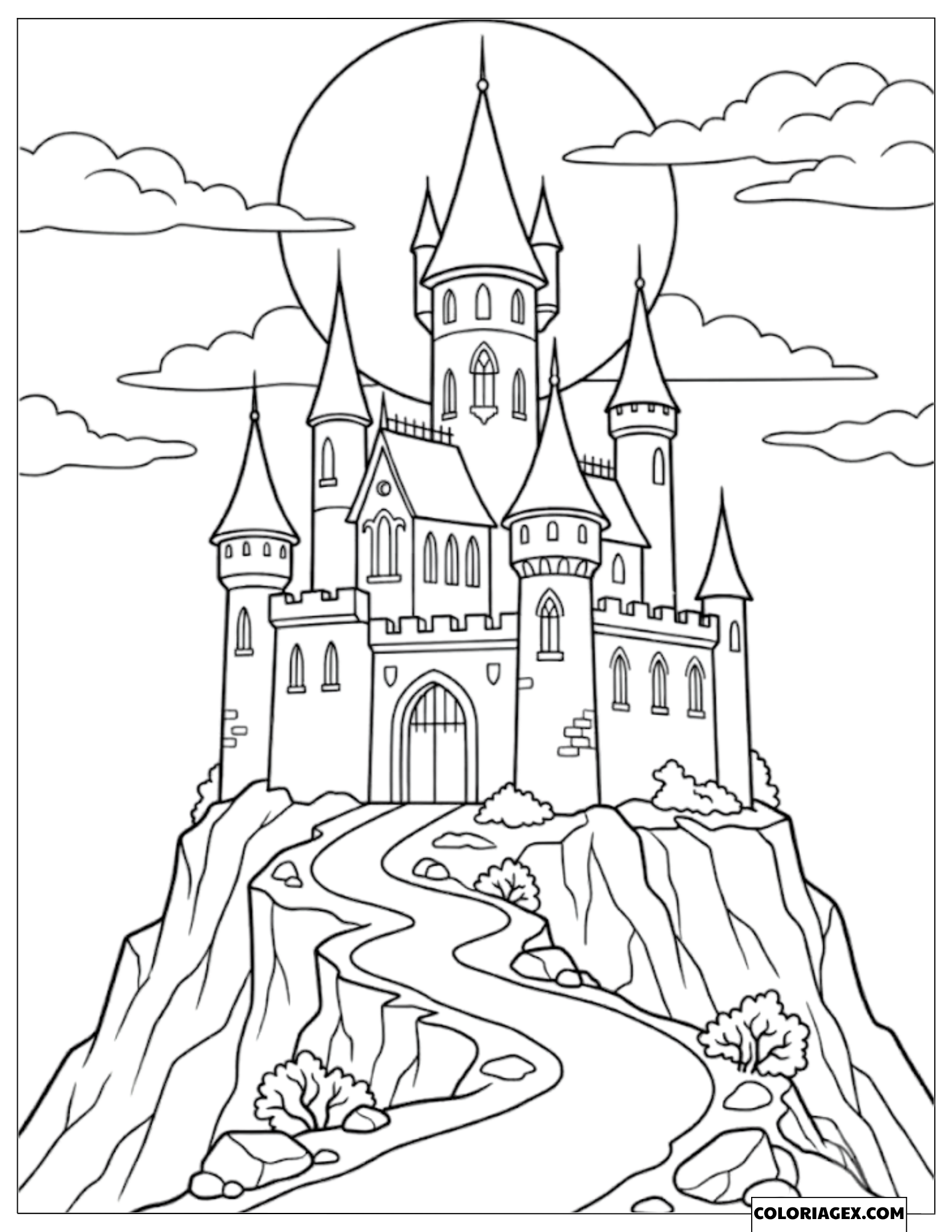 Coloriage du Château de Vampire mystérieux dressé sur la montagne