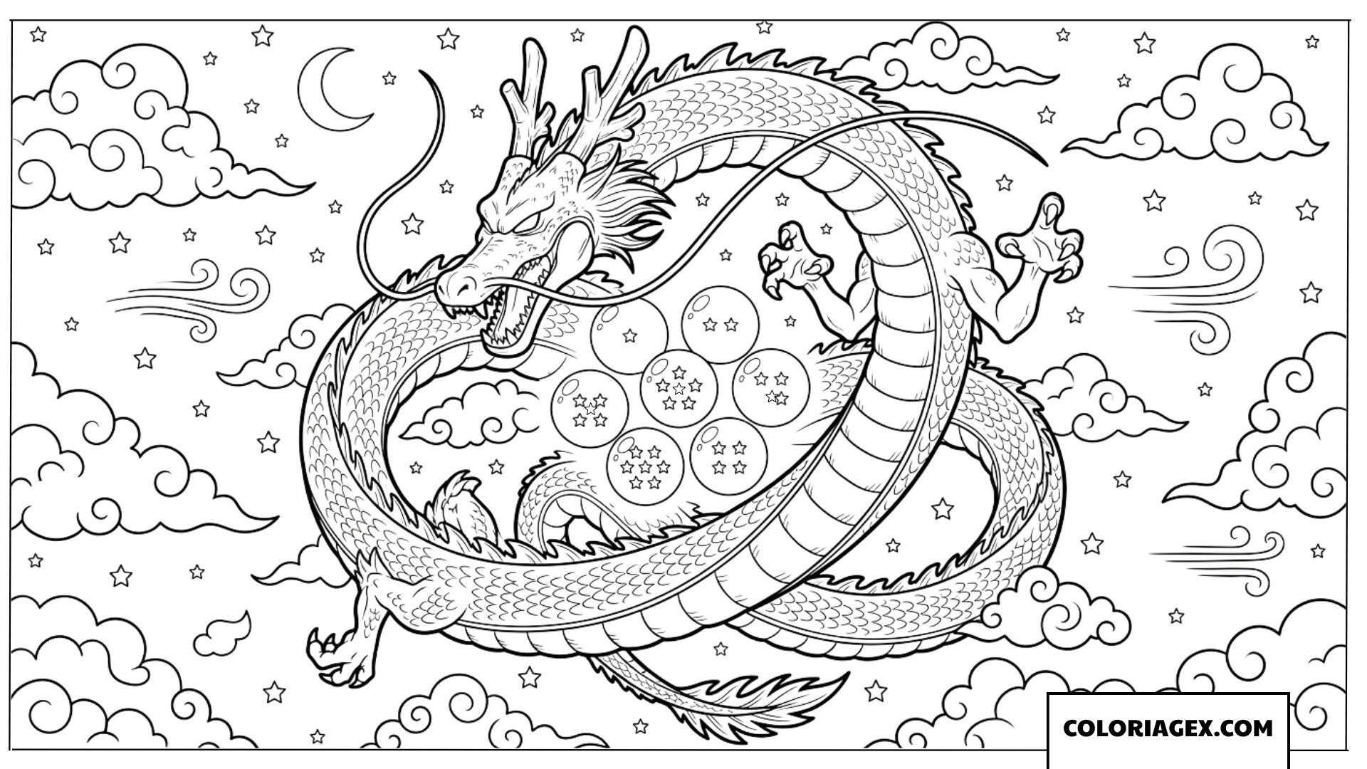 Coloriage du Dragon Shenron entourant les sept boules
