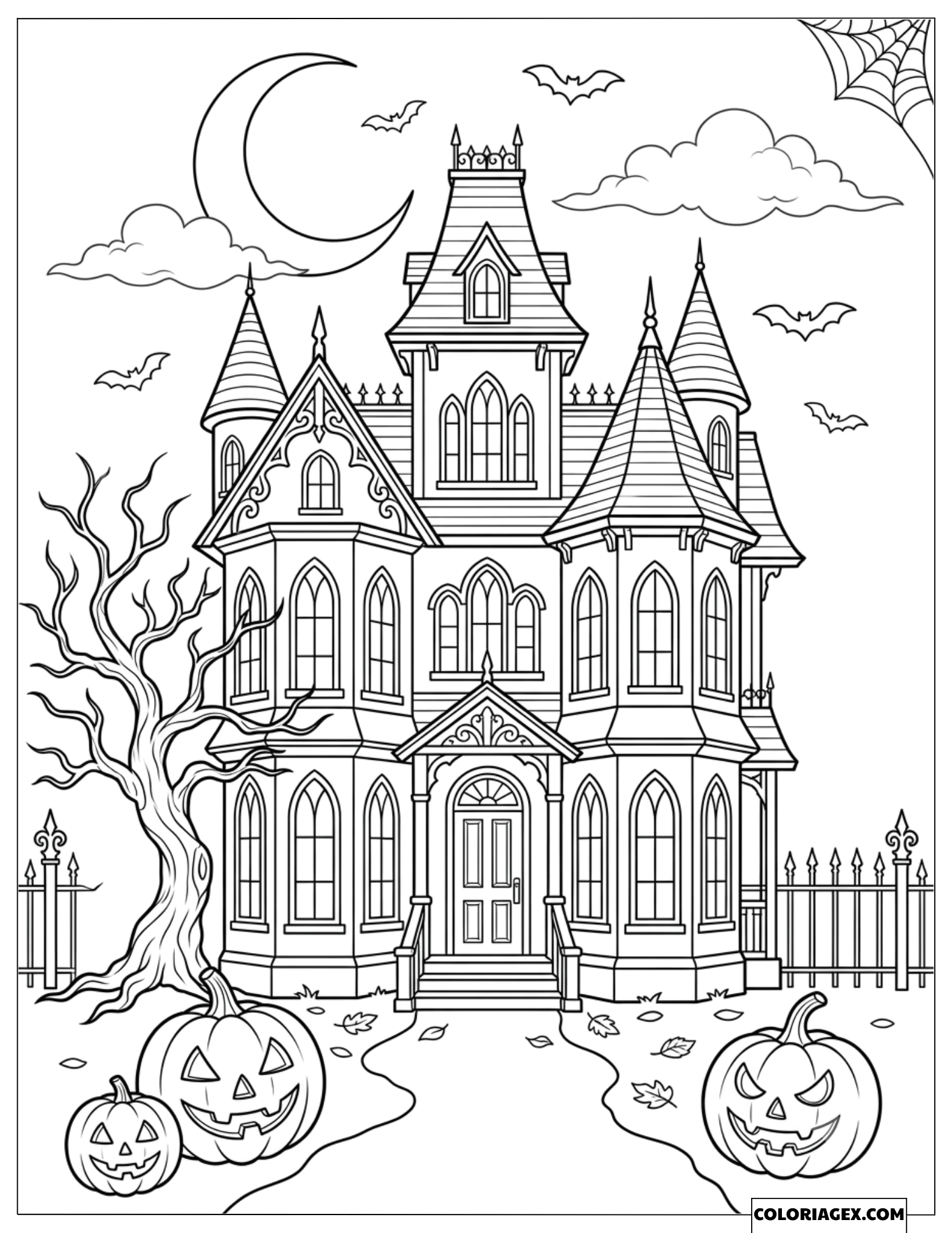 Coloriage du Manoir hanté gothique dressé derrière des citrouilles
