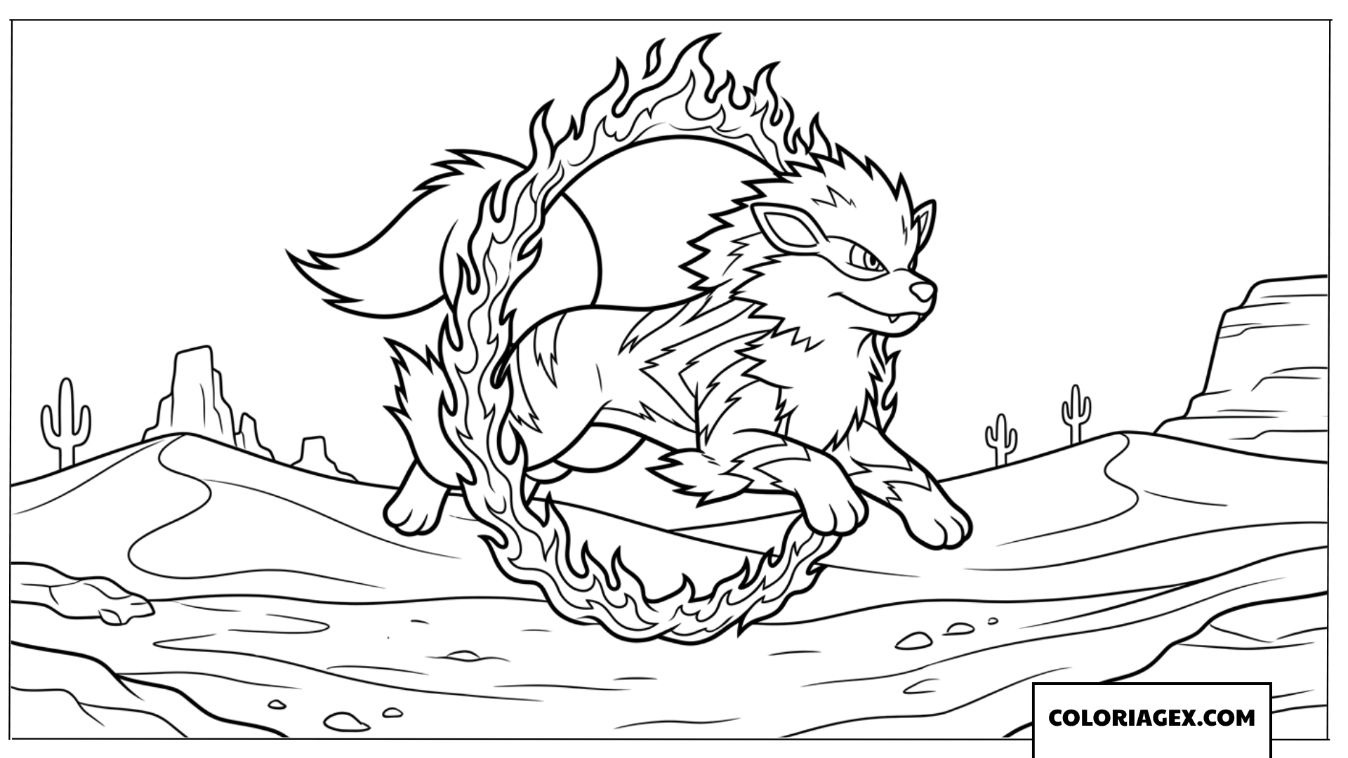 Coloriage du Pokemon Arcanin sautant a travers un cercle de feu