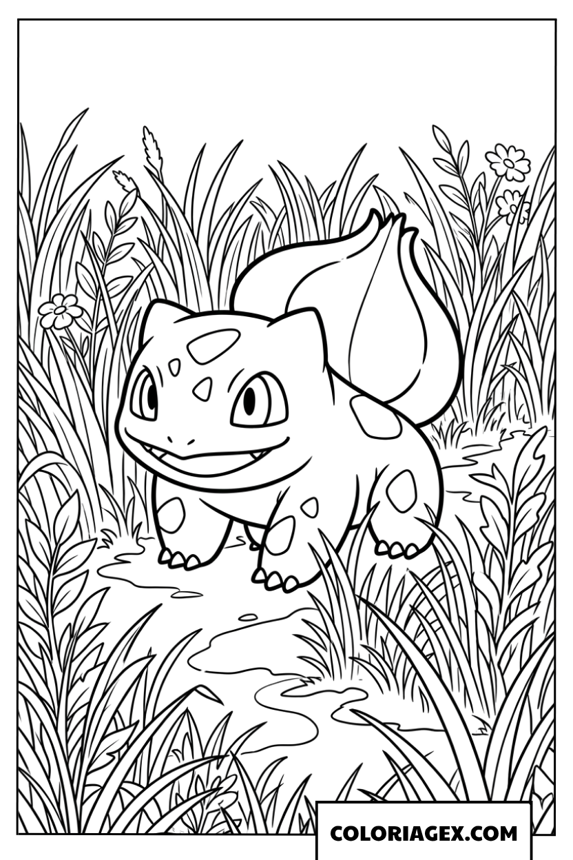 Coloriage du Pokemon Bulbizarre marchant dans les hautes herbes