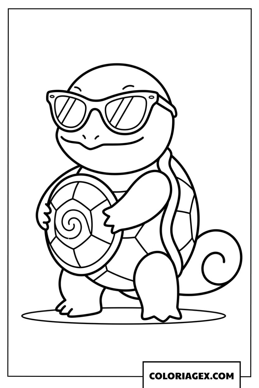 Coloriage du Pokemon Carapuce portant des lunettes de soleil