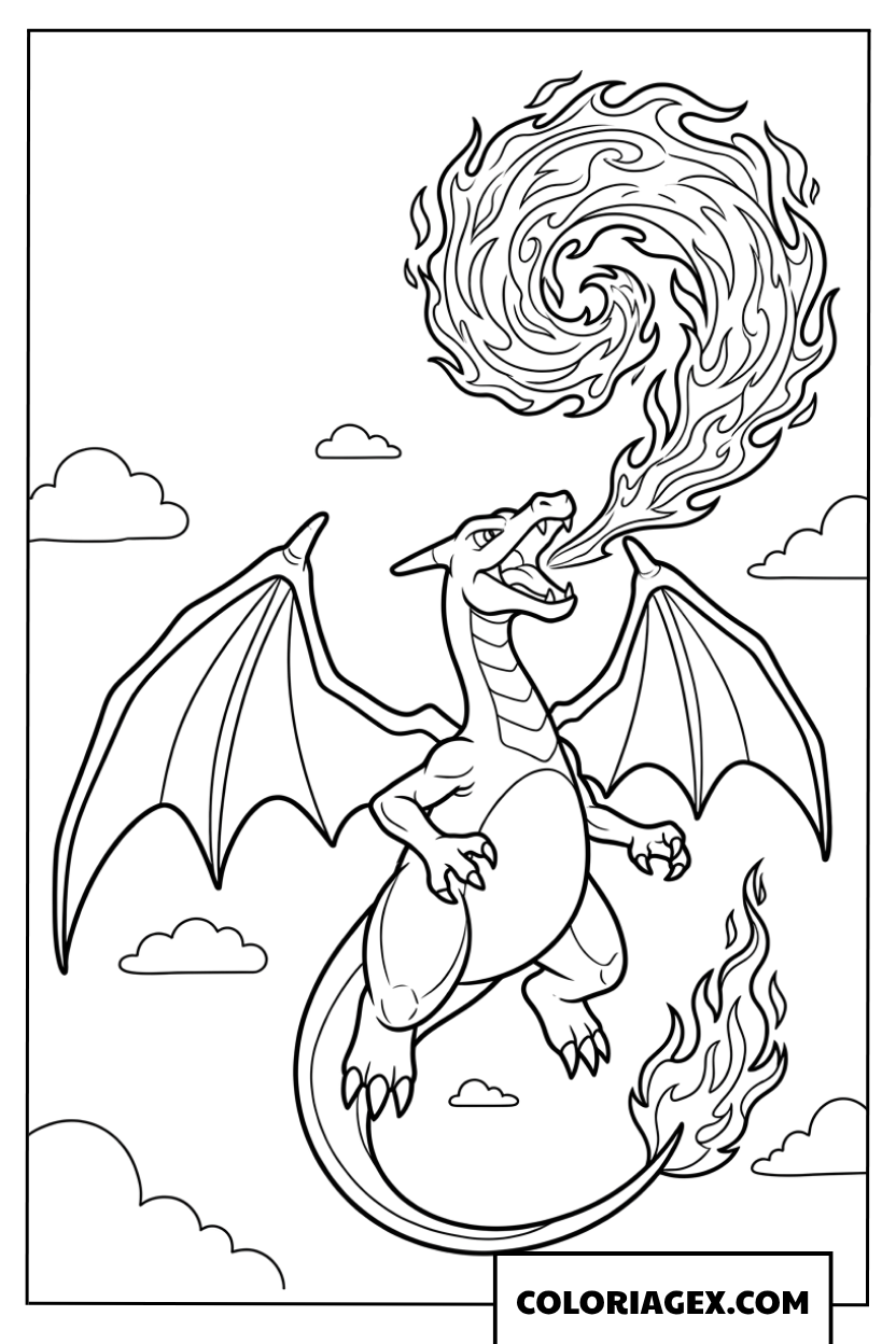 Coloriage du Pokemon Dracaufeu volant dans le ciel