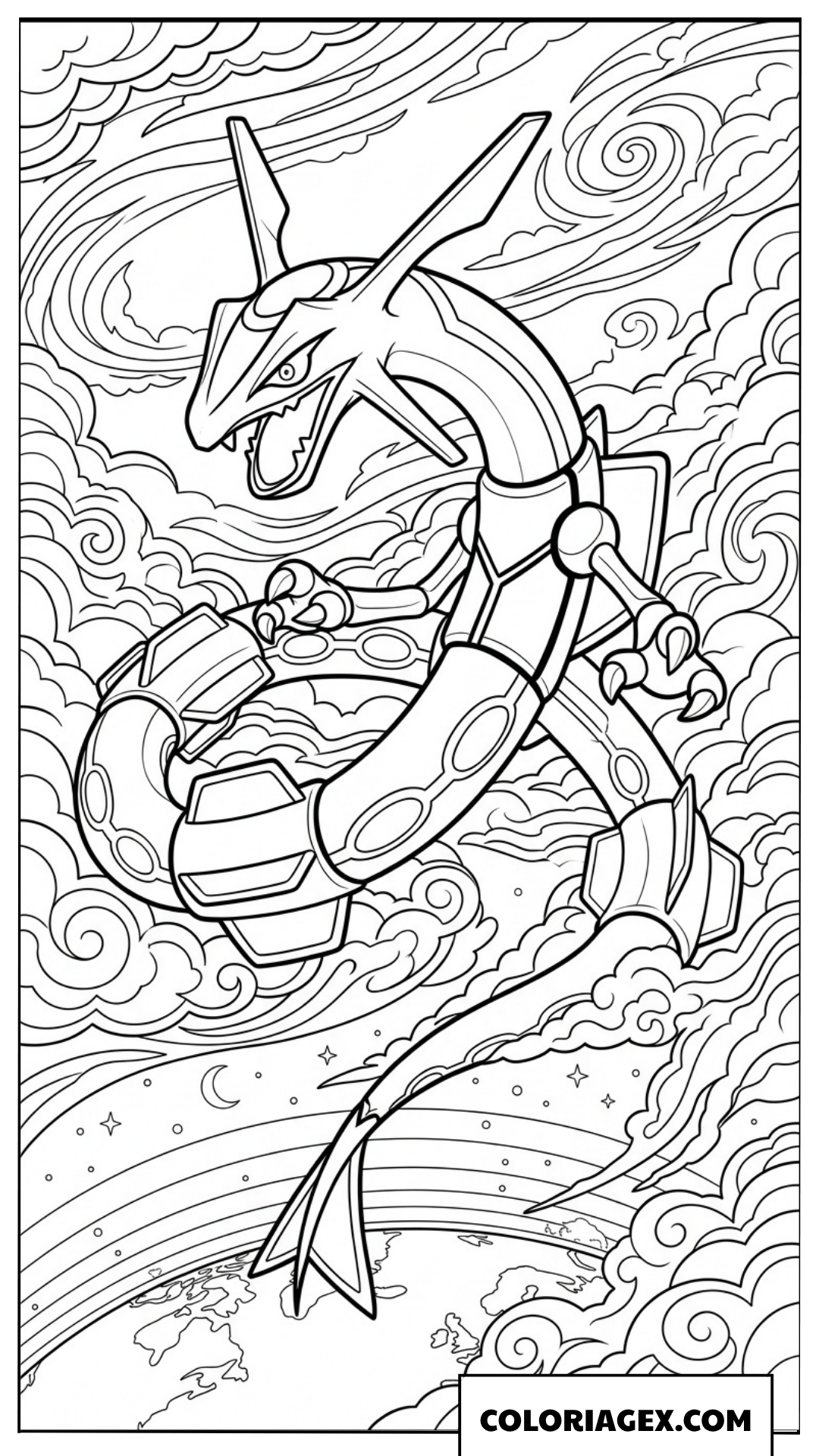 Coloriage du Pokemon Rayquaza volant dans les nuages